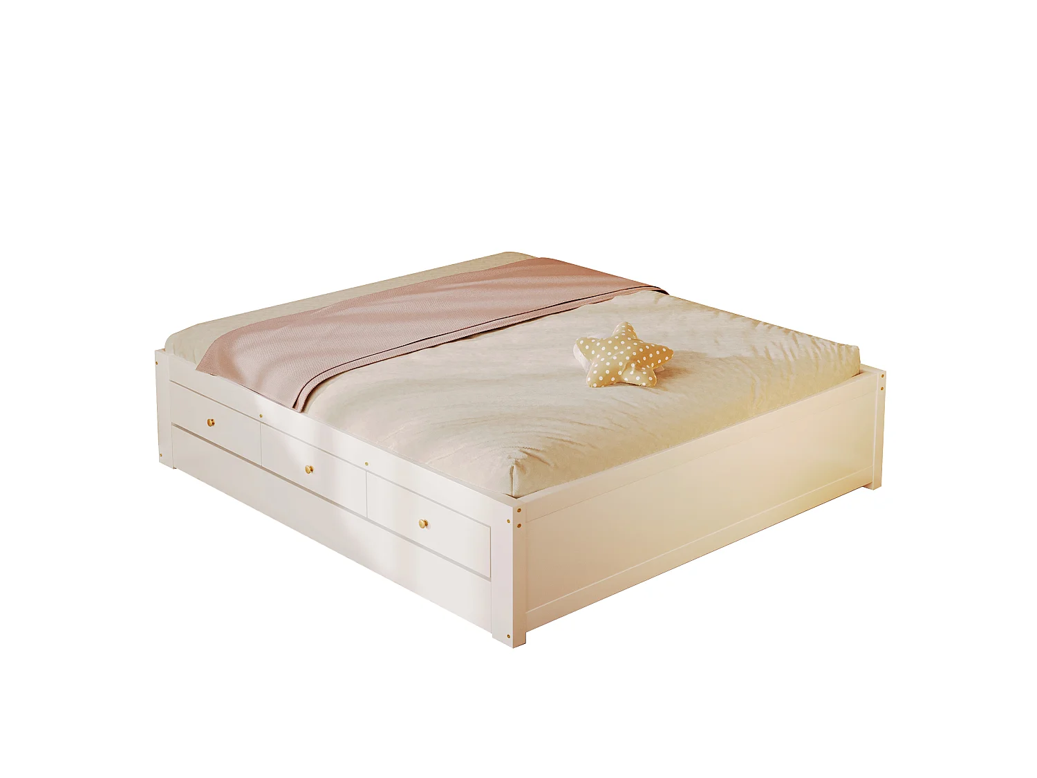 Double bed 140x200 cm - With trundle bed 90x190 cm and 3 drawers - Slatted bed base - MDF+Pine - White (without mattress)