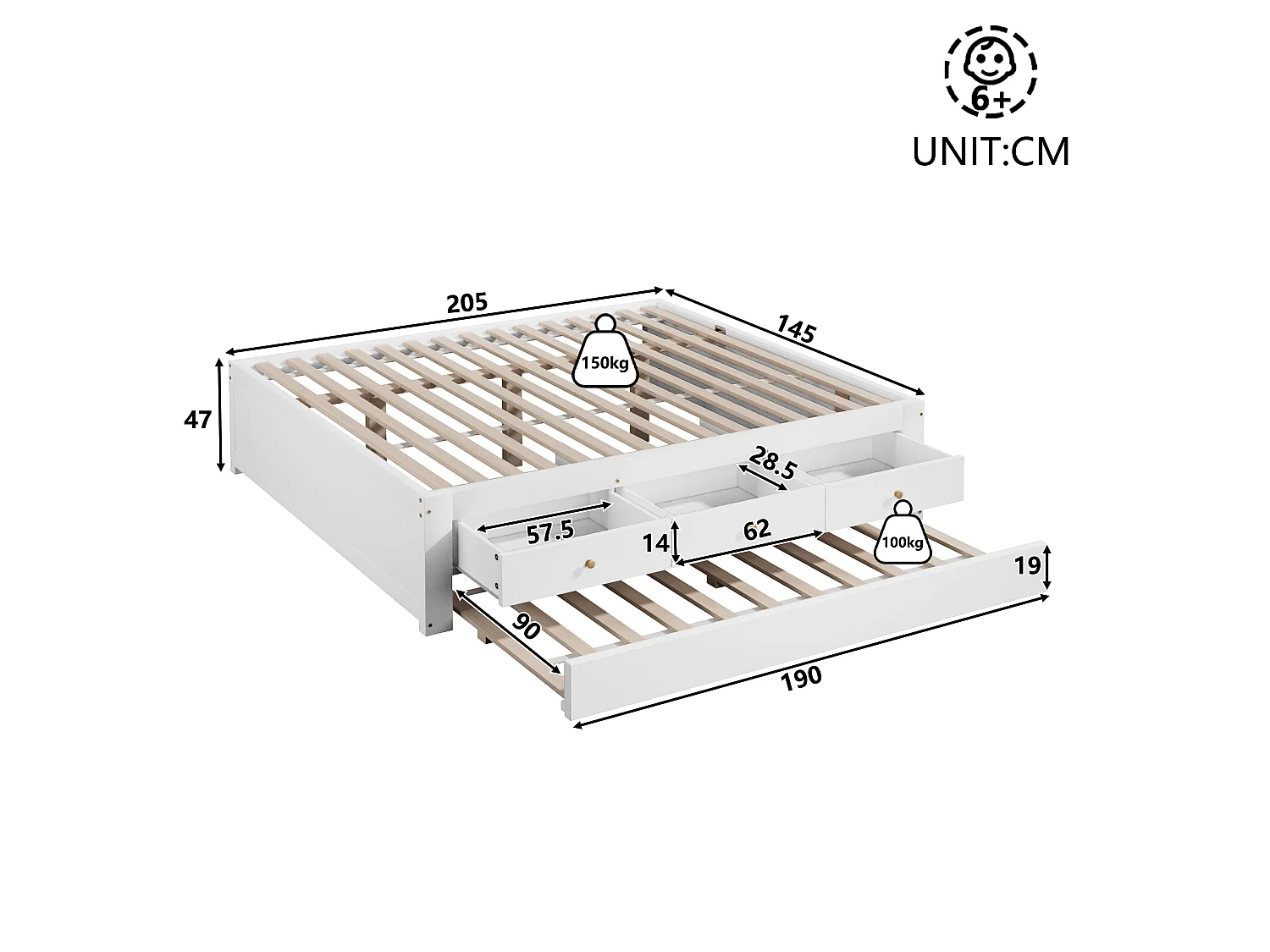 Double bed 140x200 cm - With trundle bed 90x190 cm and 3 drawers - Slatted bed base - MDF+Pine - White (without mattress)