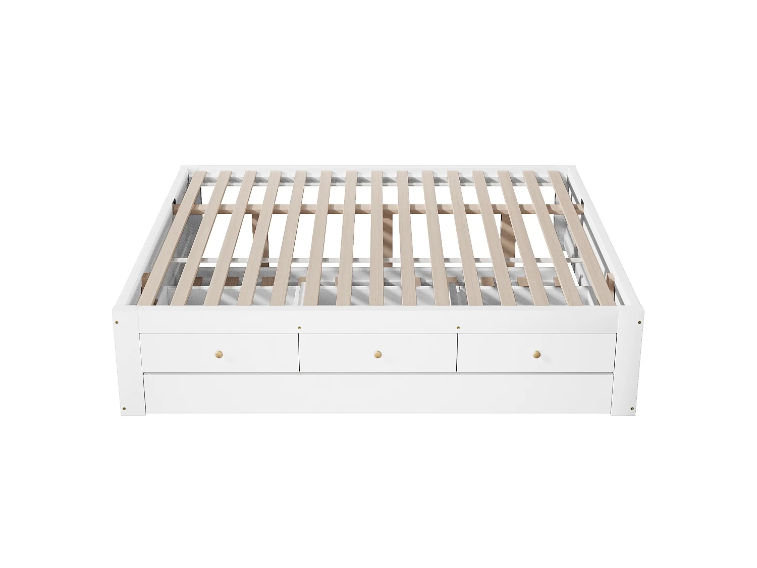 Double bed 140x200 cm - With trundle bed 90x190 cm and 3 drawers - Slatted bed base - MDF+Pine - White (without mattress)