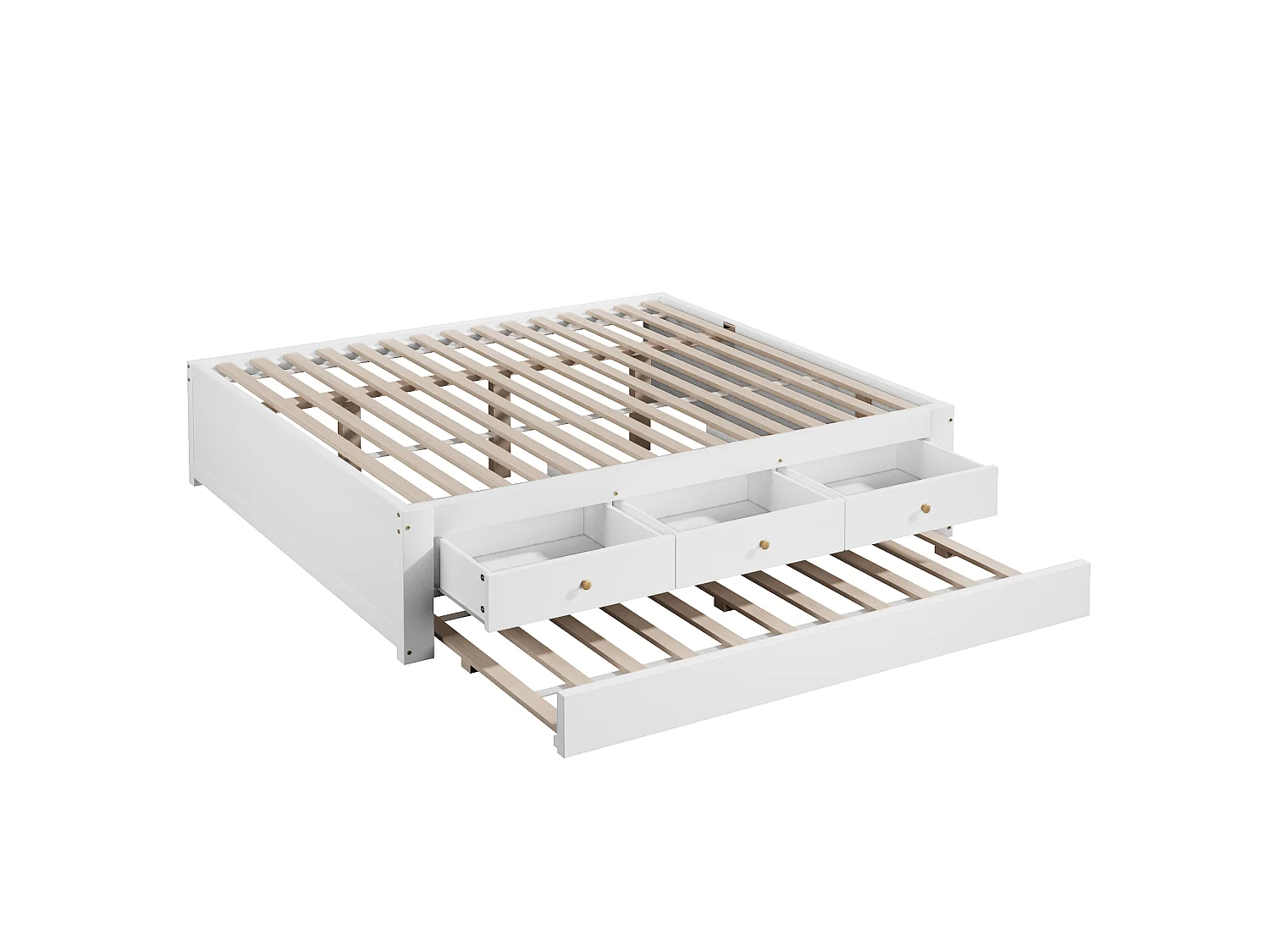 Double bed 140x200 cm - With trundle bed 90x190 cm and 3 drawers - Slatted bed base - MDF+Pine - White (without mattress)