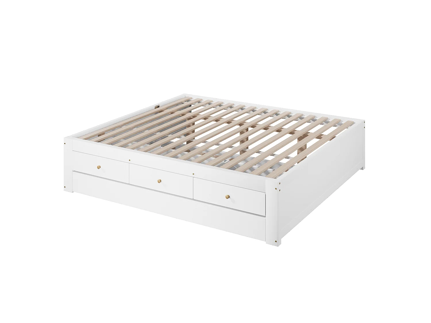 Double bed 140x200 cm - With trundle bed 90x190 cm and 3 drawers - Slatted bed base - MDF+Pine - White (without mattress)