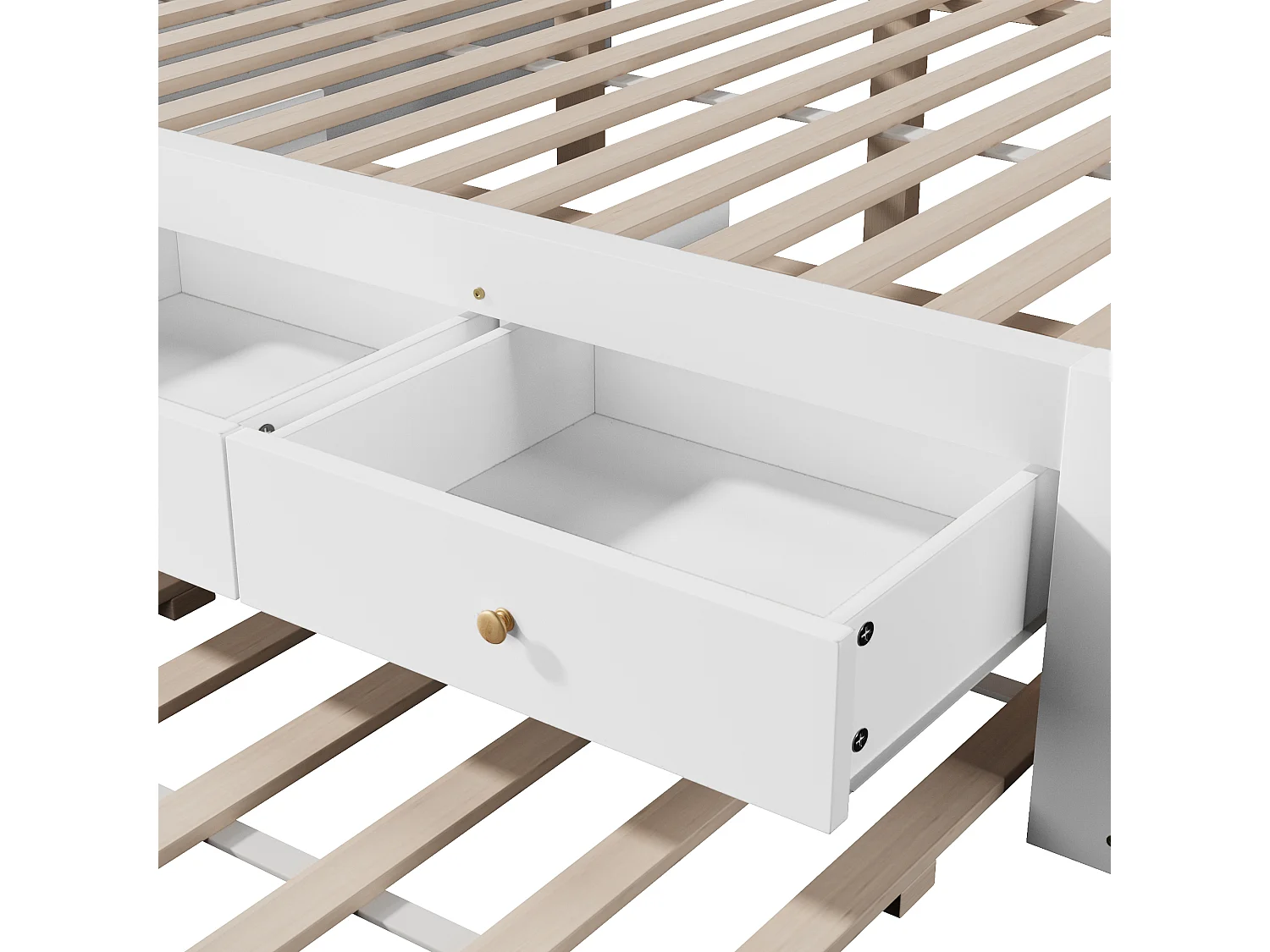 Double bed 140x200 cm - With trundle bed 90x190 cm and 3 drawers - Slatted bed base - MDF+Pine - White (without mattress)