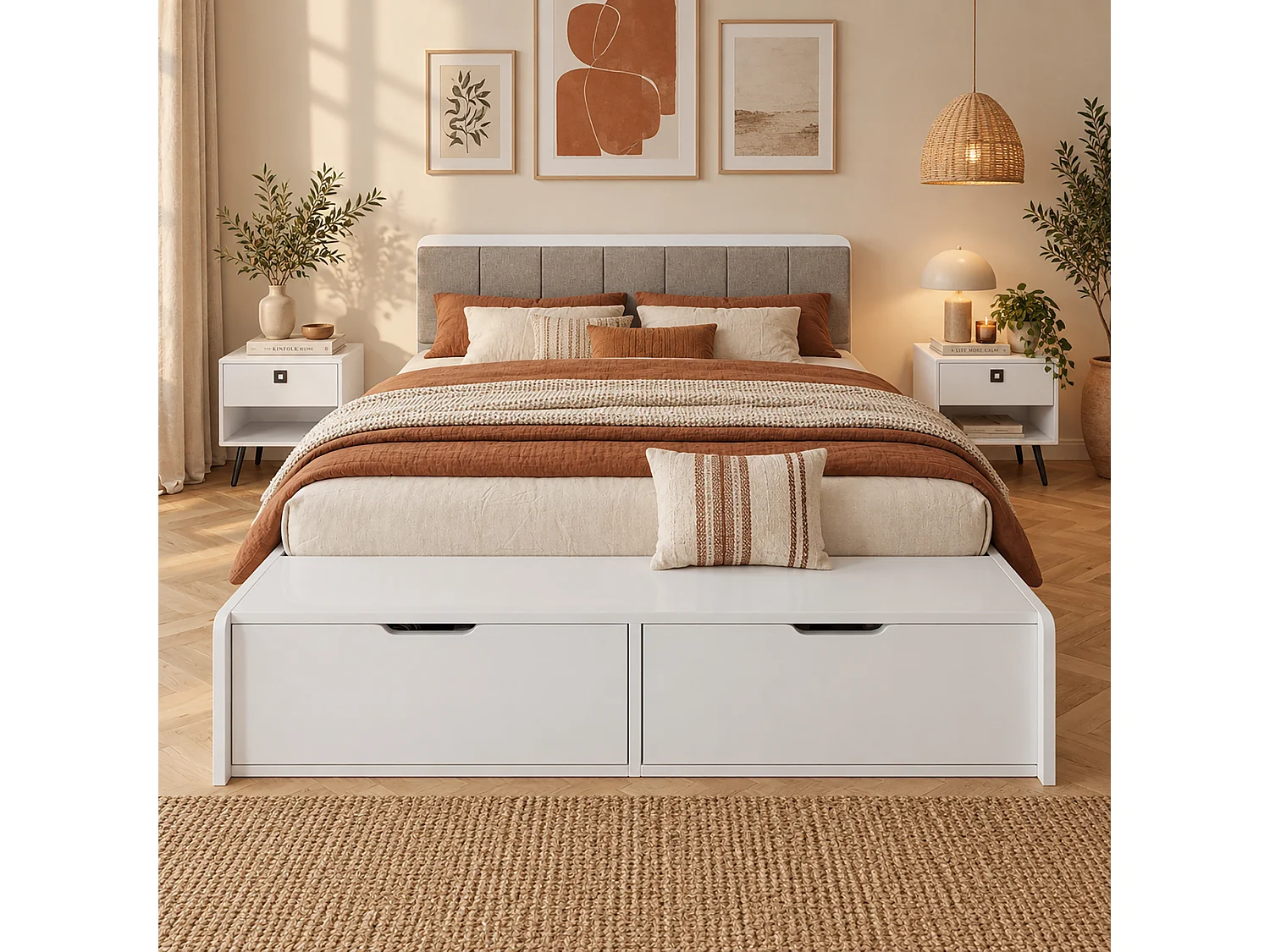 Lit enfant en bois 140x200cm - tête de lit rembourrée - avec 2 tiroirs et banc de bout de lit - Blanc (sans matelas)