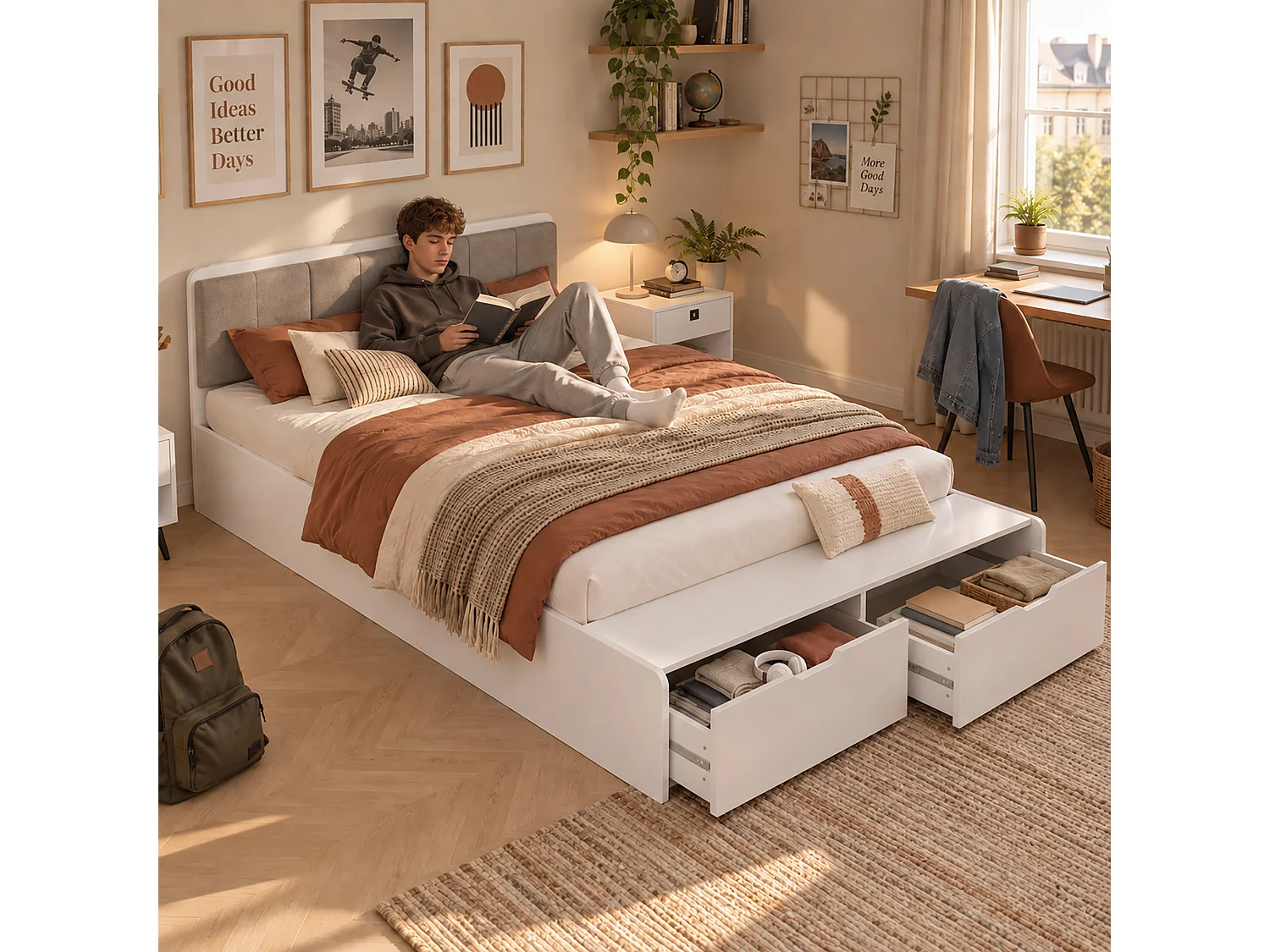 Lit enfant en bois 140x200cm - tête de lit rembourrée - avec 2 tiroirs et banc de bout de lit - Blanc (sans matelas)