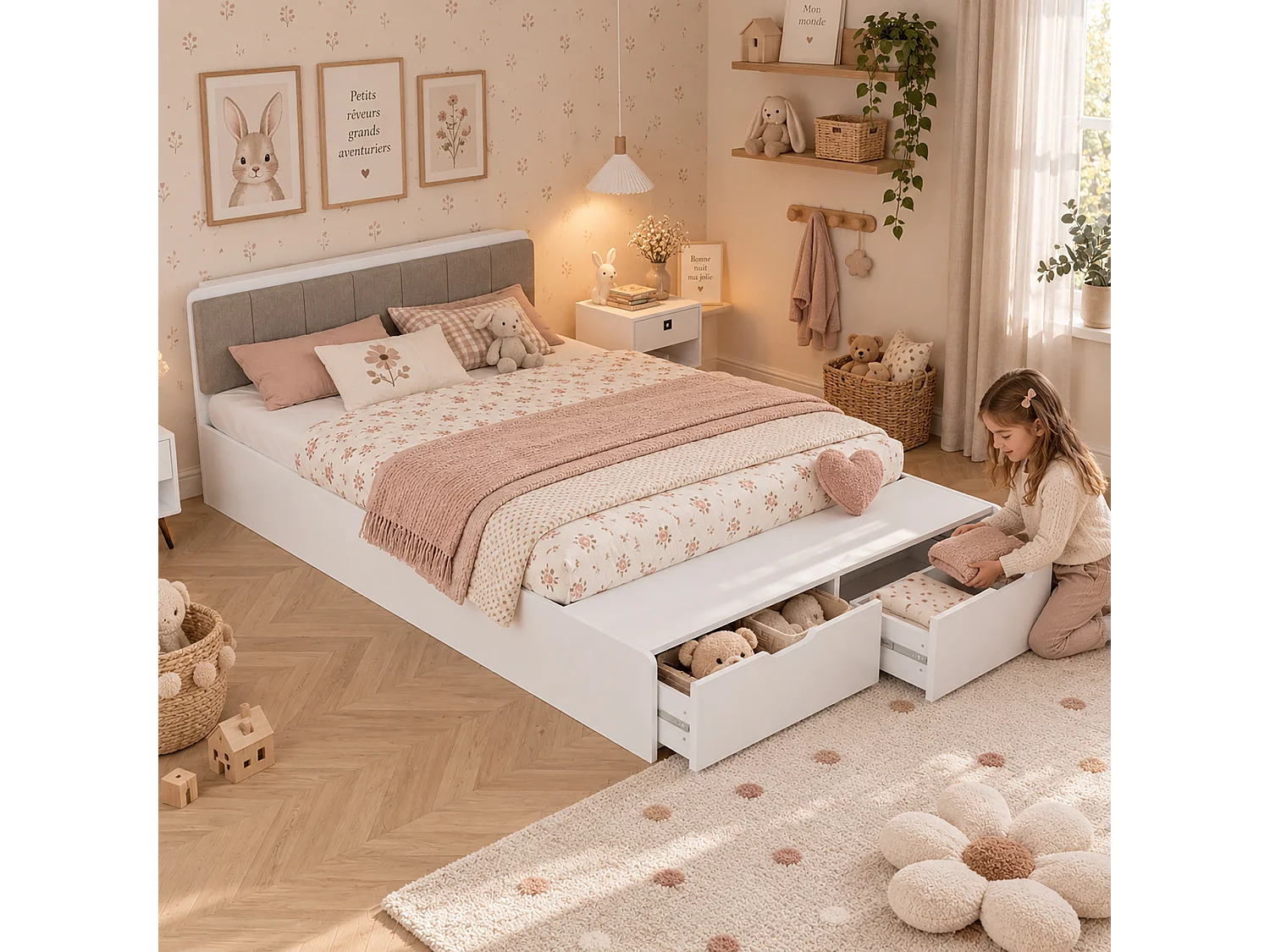 Lit enfant en bois 140x200cm - tête de lit rembourrée - avec 2 tiroirs et banc de bout de lit - Blanc (sans matelas)