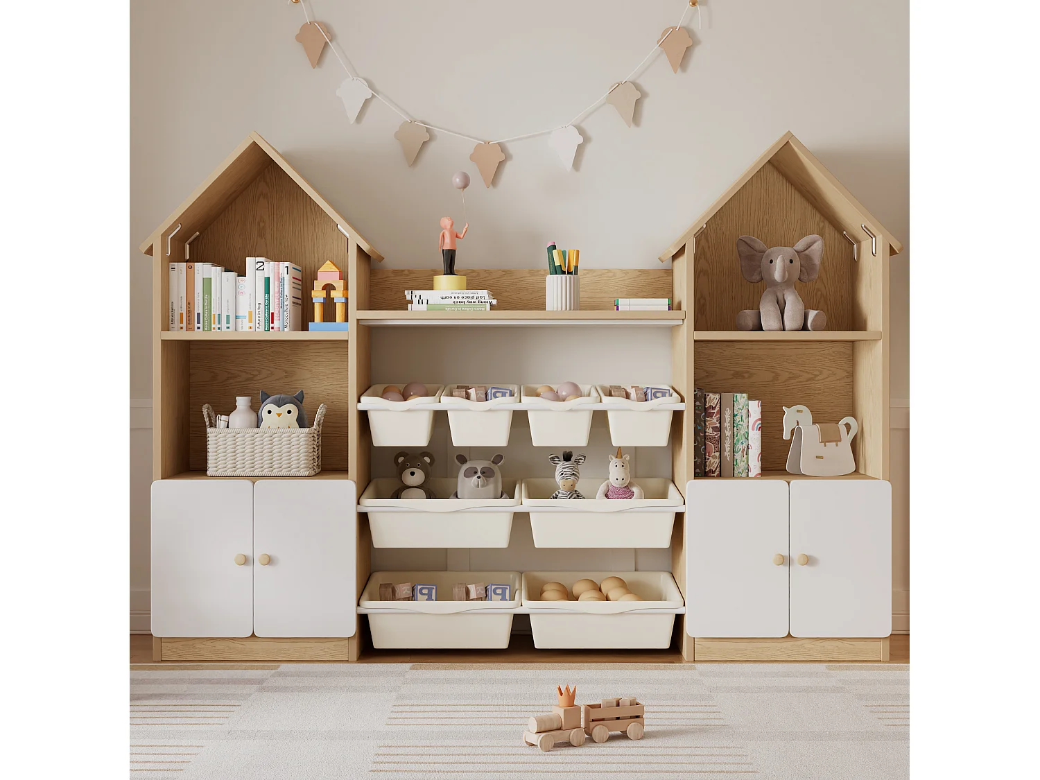 Meuble de rangement / Meuble à étagères pour enfants - forme de maison - avec 4 portes et 8 bacs de rangement amovibles - ​​Naturel + Blanc