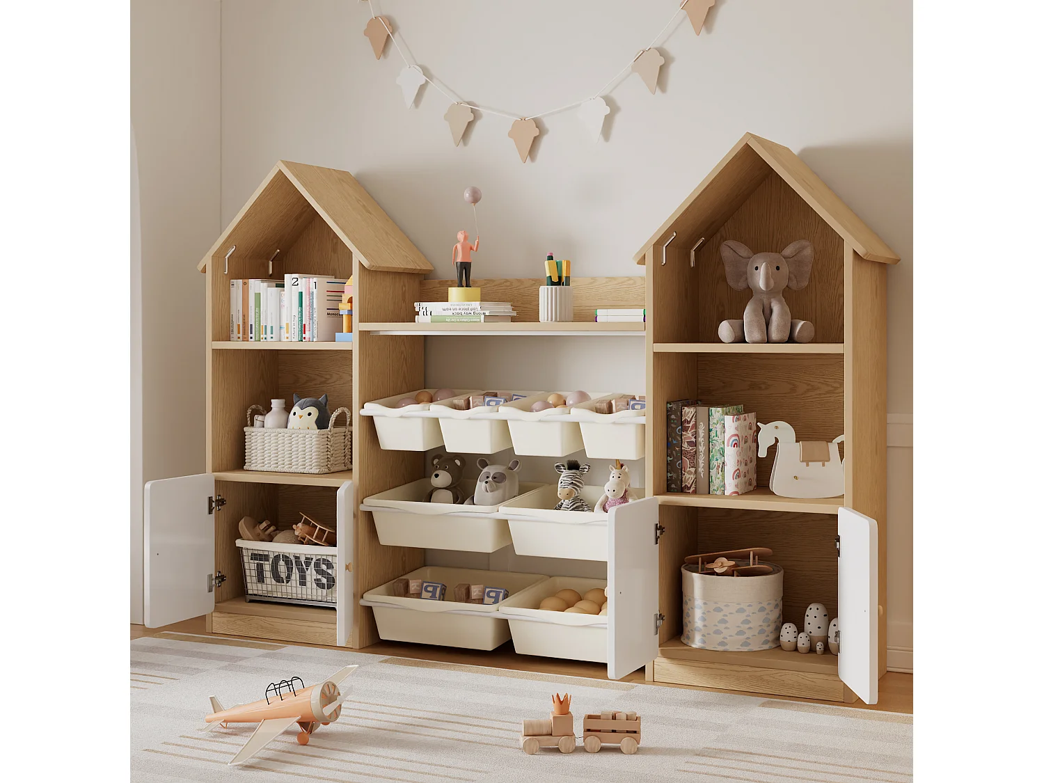 Meuble de rangement / Meuble à étagères pour enfants - forme de maison - avec 4 portes et 8 bacs de rangement amovibles - ​​Naturel + Blanc