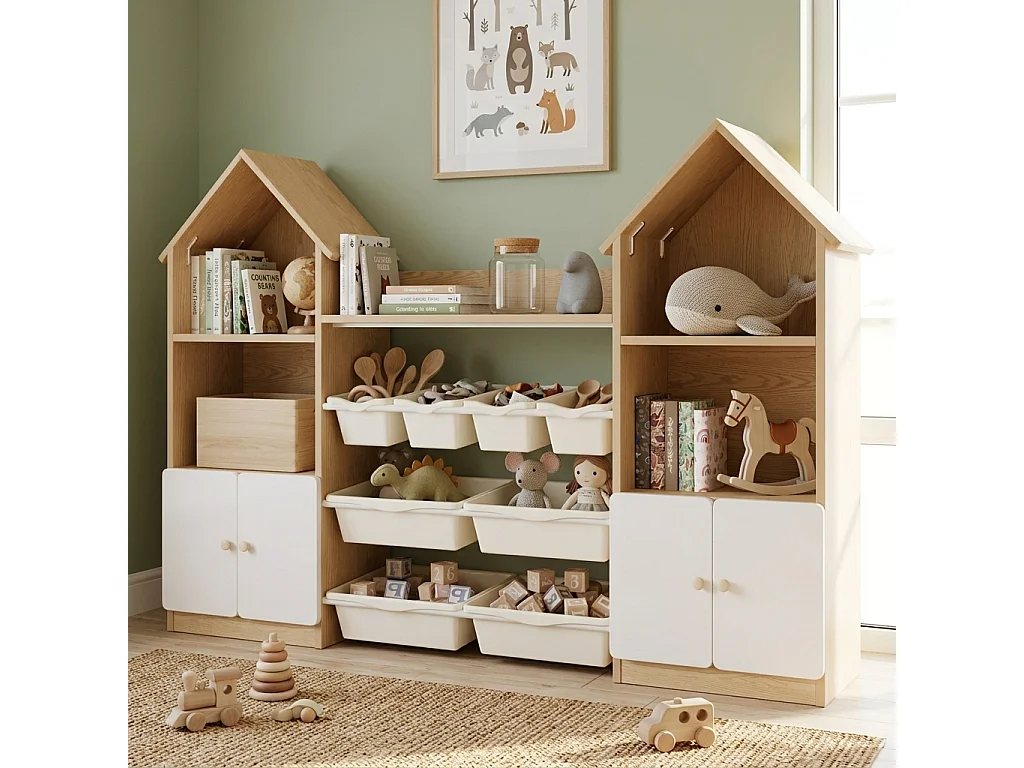 Meuble de rangement / Meuble à étagères pour enfants - forme de maison - avec 4 portes et 8 bacs de rangement amovibles - ​​Naturel + Blanc