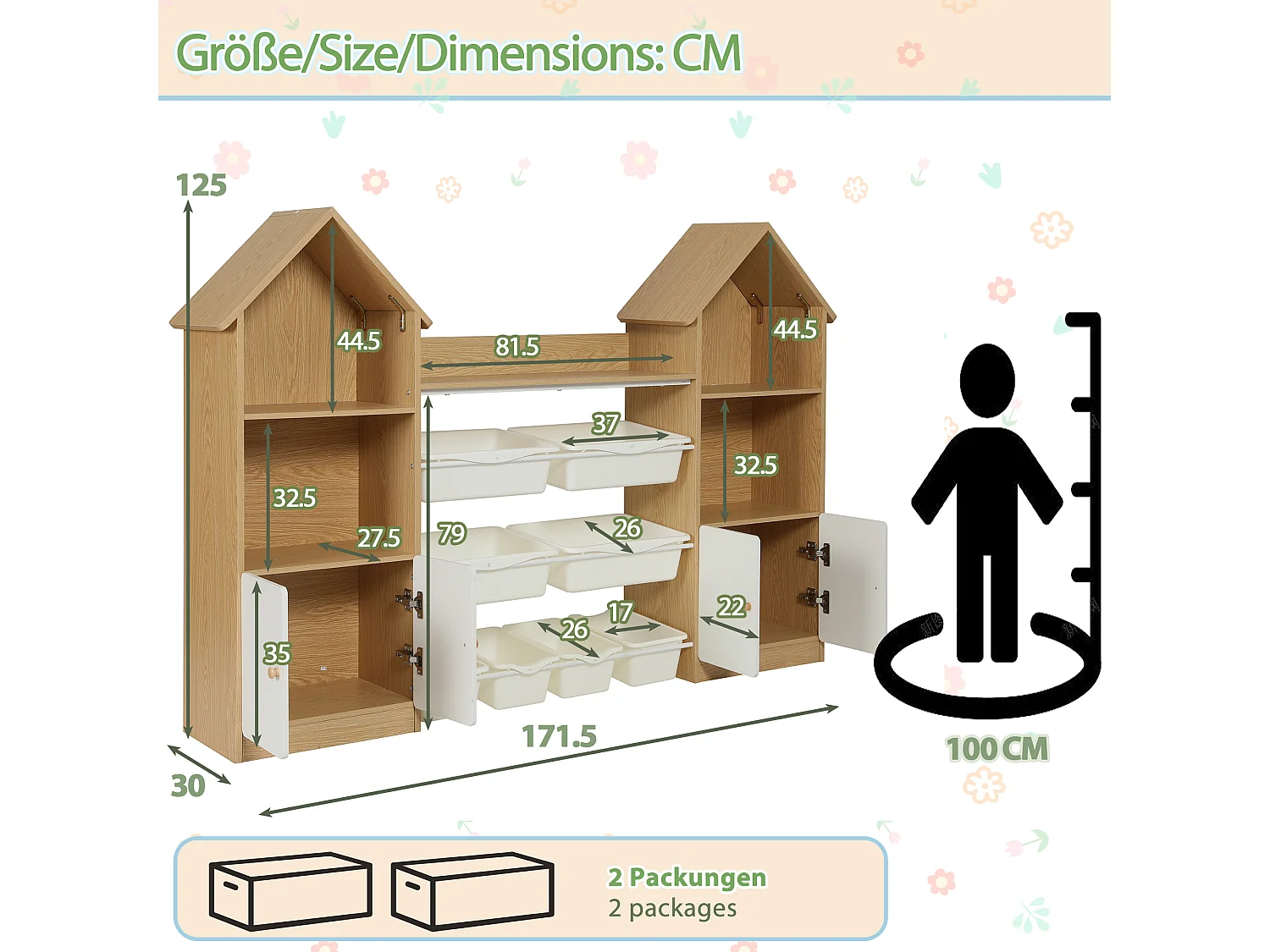 Meuble de rangement / Meuble à étagères pour enfants - forme de maison - avec 4 portes et 8 bacs de rangement amovibles - ​​Naturel + Blanc