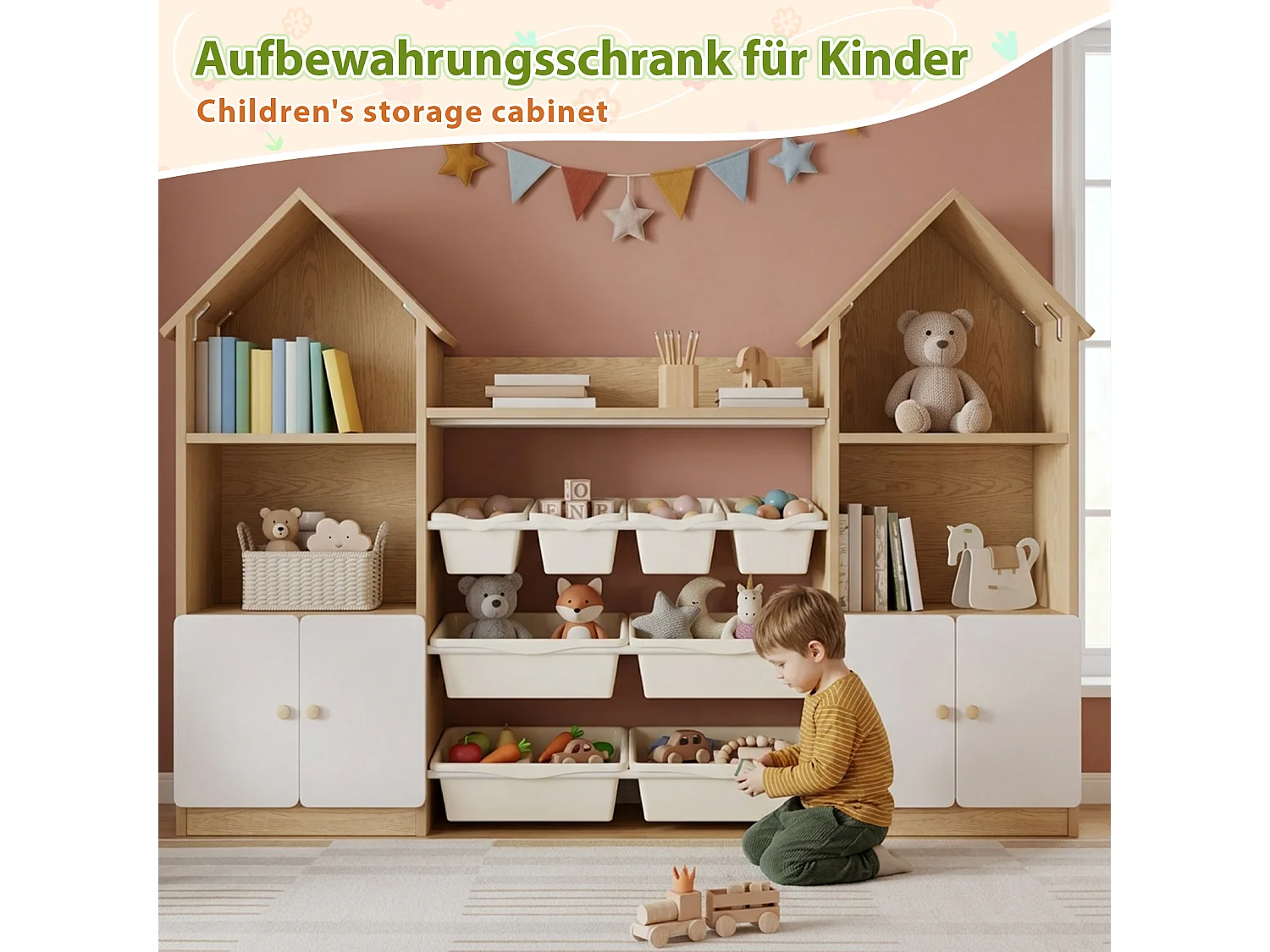 Meuble de rangement / Meuble à étagères pour enfants - forme de maison - avec 4 portes et 8 bacs de rangement amovibles - ​​Naturel + Blanc