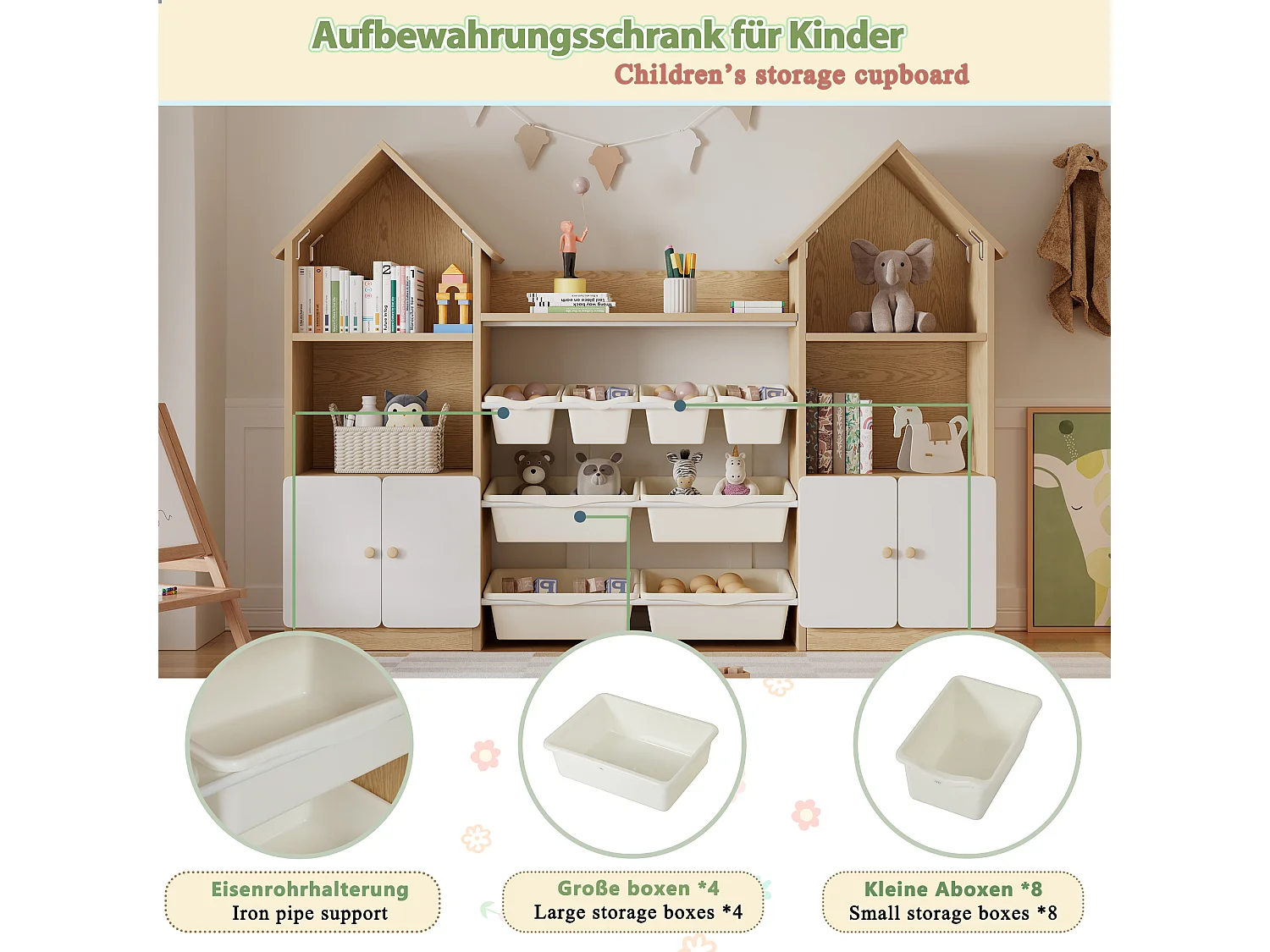 Meuble de rangement / Meuble à étagères pour enfants - forme de maison - avec 4 portes et 8 bacs de rangement amovibles - ​​Naturel + Blanc
