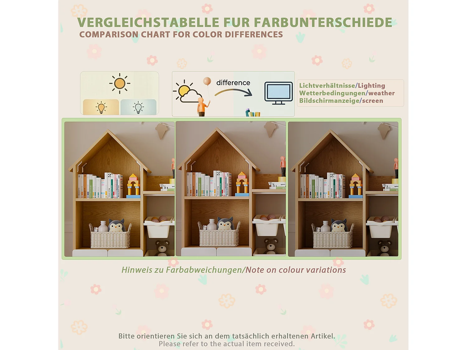 Meuble de rangement / Meuble à étagères pour enfants - forme de maison - avec 4 portes et 8 bacs de rangement amovibles - ​​Naturel + Blanc