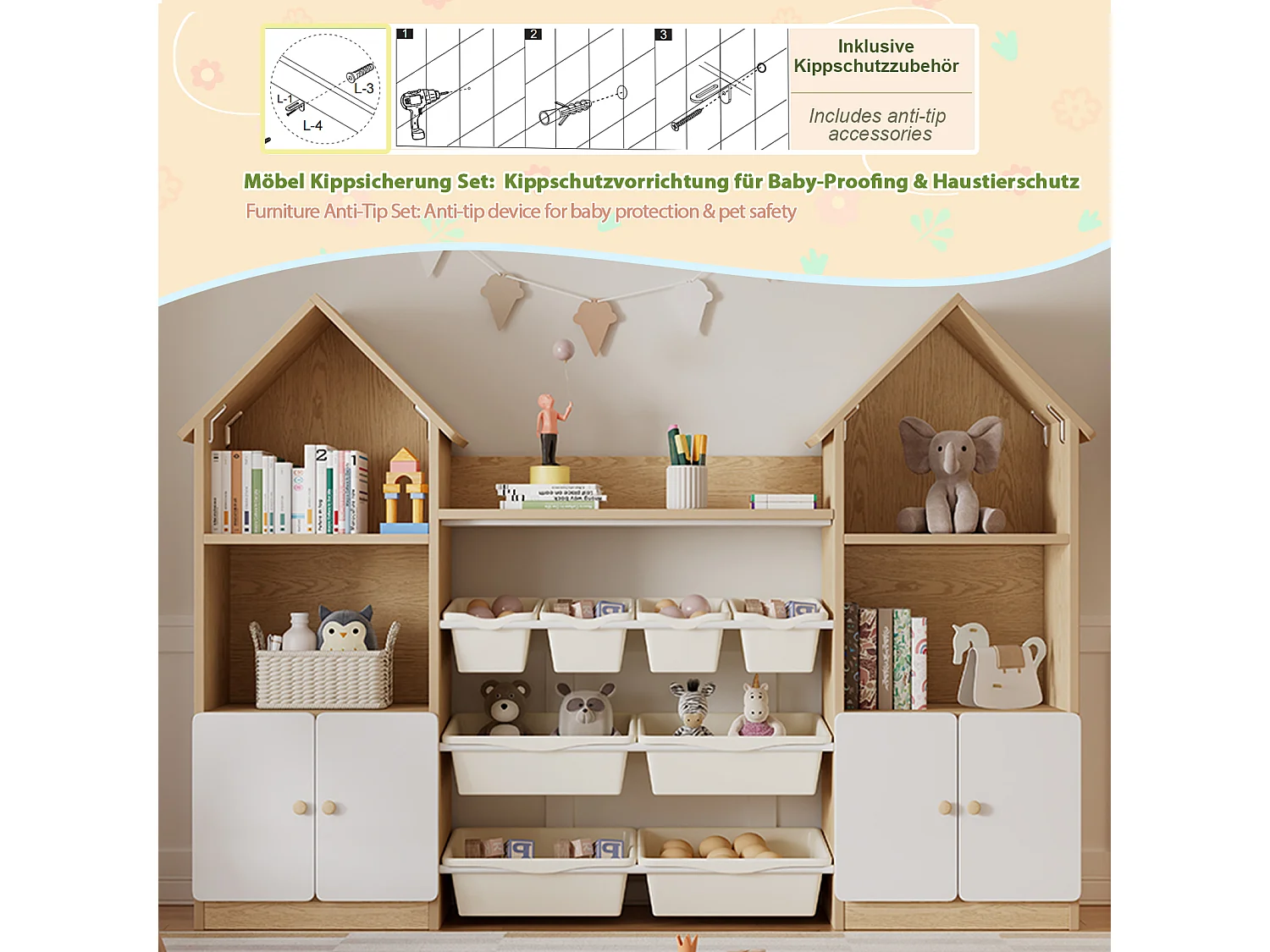 Meuble de rangement / Meuble à étagères pour enfants - forme de maison - avec 4 portes et 8 bacs de rangement amovibles - ​​Naturel + Blanc