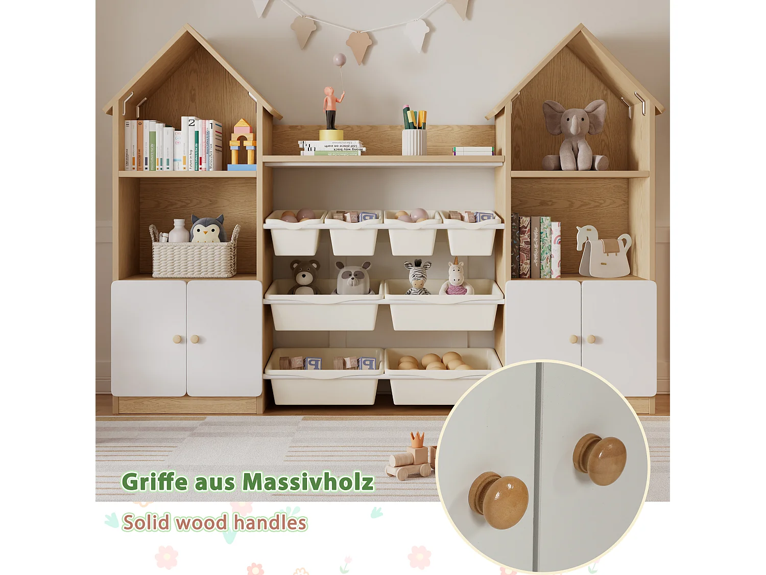 Meuble de rangement / Meuble à étagères pour enfants - forme de maison - avec 4 portes et 8 bacs de rangement amovibles - ​​Naturel + Blanc