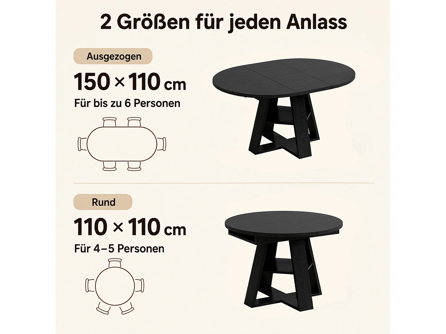 Ausziehbarer runder Esstisch für 4 bis 6 Personen mit Stauraum und Ablagen – MDF – 110–150 x 110 x 75 cm – Schwarz