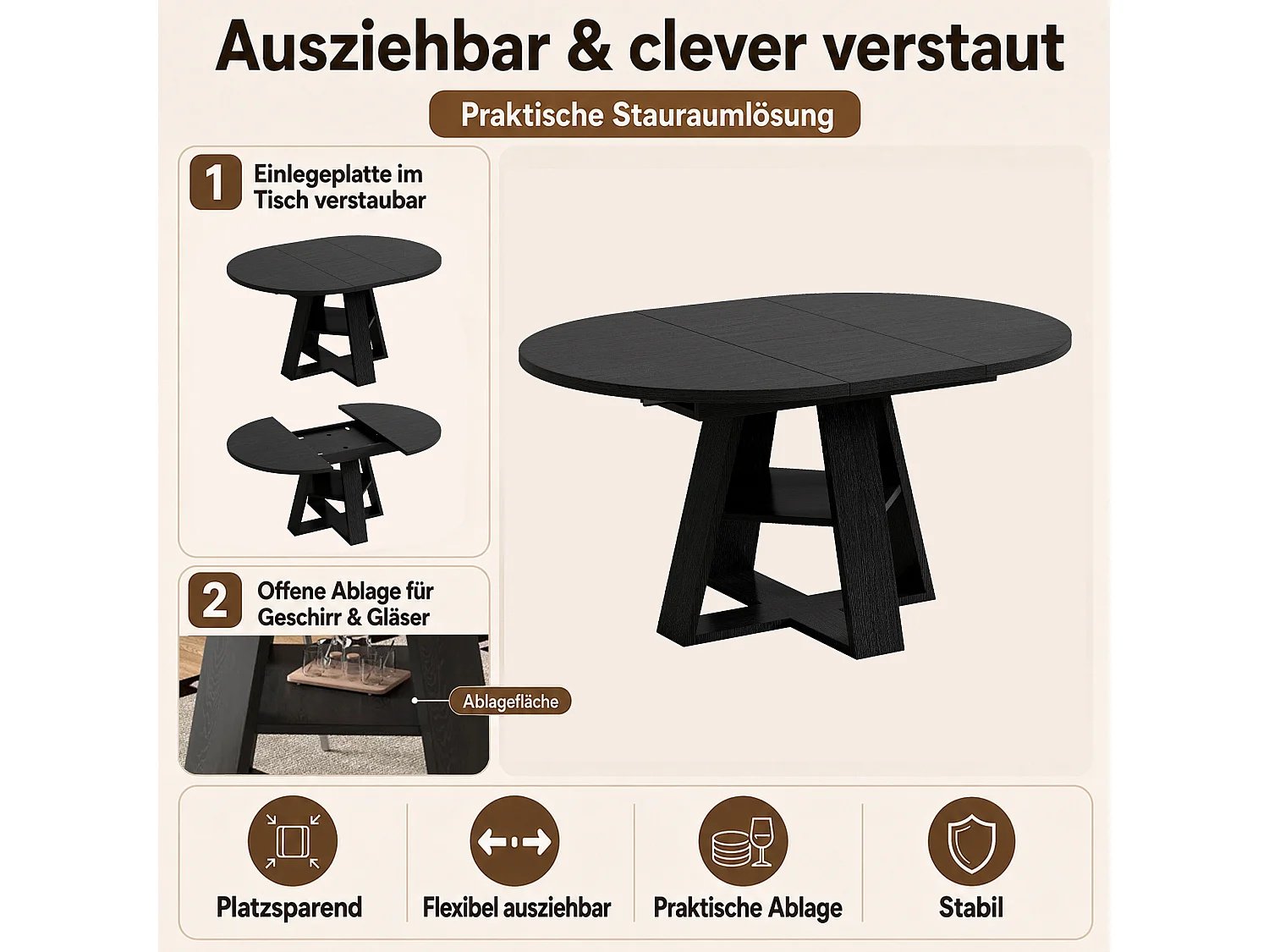 Ausziehbarer runder Esstisch für 4 bis 6 Personen mit Stauraum und Ablagen – MDF – 110–150 x 110 x 75 cm – Schwarz