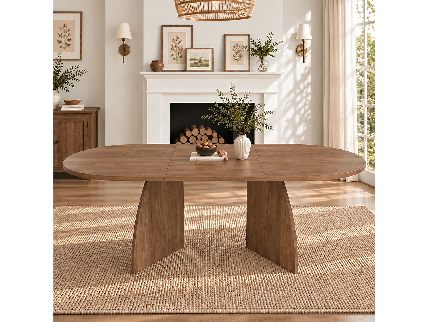 Table à manger rectangulaire extensible 6 à 8 personnes, coins arrondis – MDF – 150-200 x 90 x 75 cm – Noyer