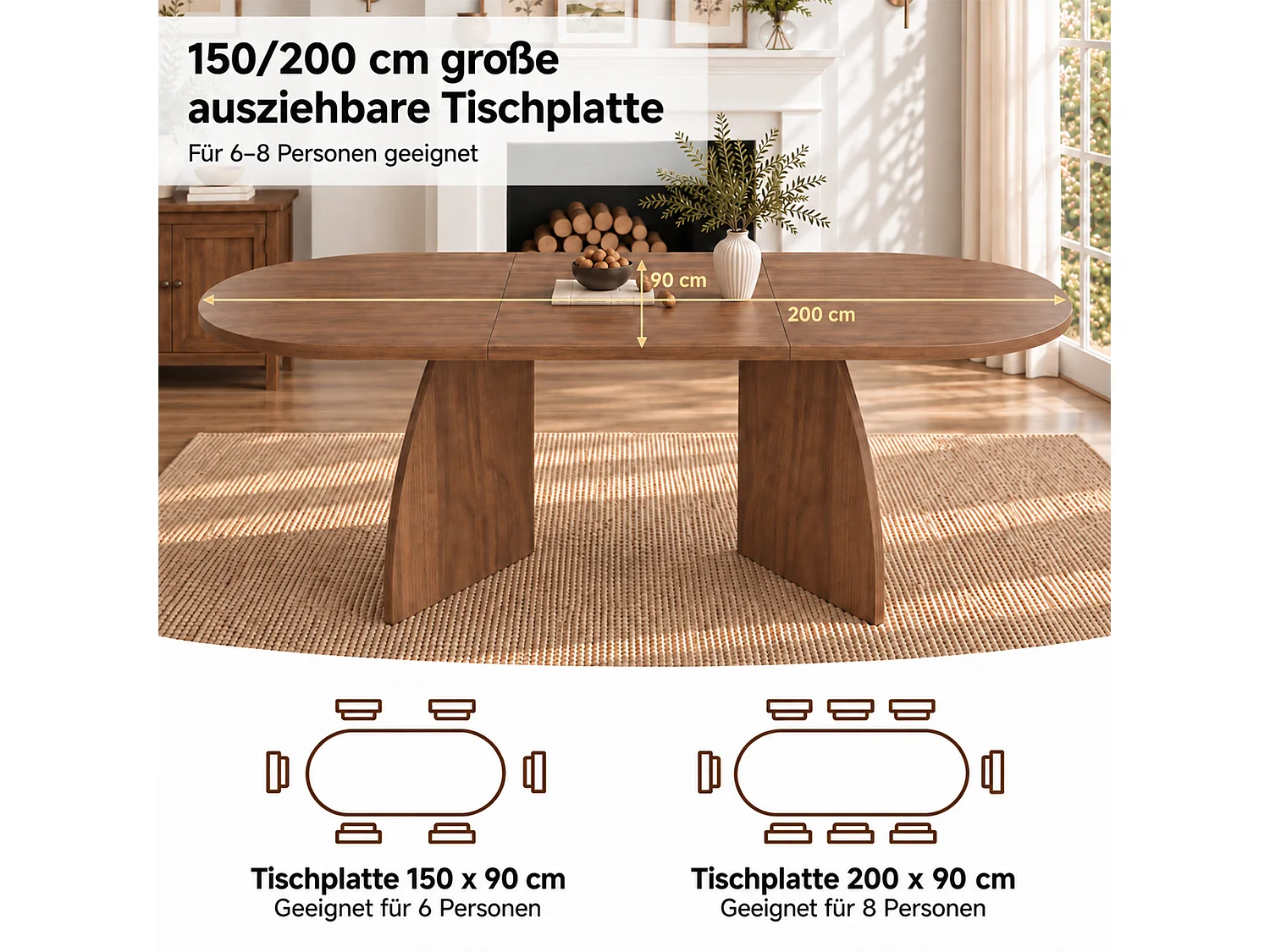 Table à manger rectangulaire extensible 6 à 8 personnes, coins arrondis – MDF – 150-200 x 90 x 75 cm – Noyer
