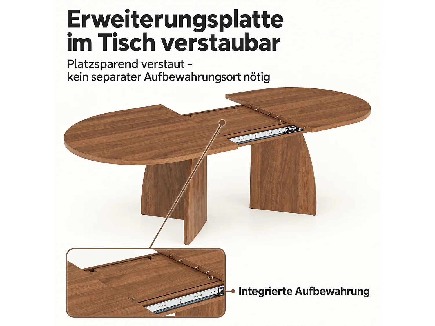 Table à manger rectangulaire extensible 6 à 8 personnes, coins arrondis – MDF – 150-200 x 90 x 75 cm – Noyer
