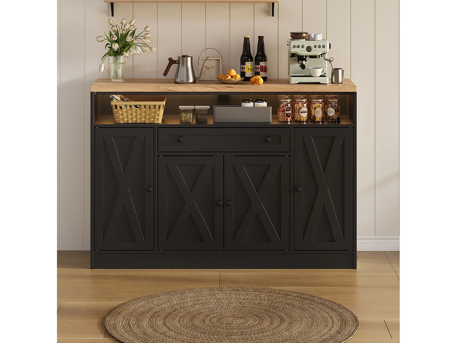 Buffet style grange 140x35x95cm - avec éclairage LED - avec 4 portes et 1 tiroir - étagères ouvertes - Noir