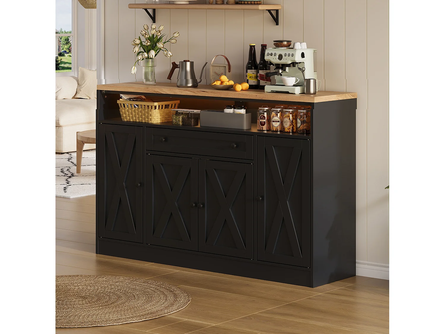 Buffet style grange 140x35x95cm - avec éclairage LED - avec 4 portes et 1 tiroir - étagères ouvertes - Noir