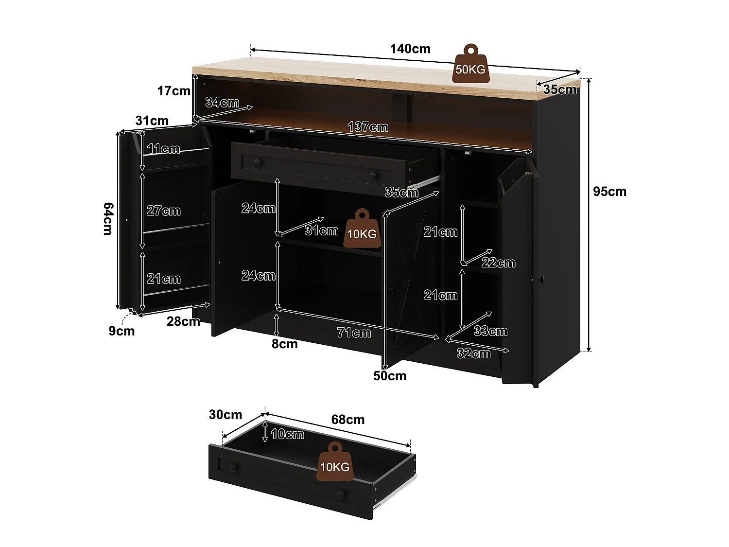 Buffet style grange 140x35x95cm - avec éclairage LED - avec 4 portes et 1 tiroir - étagères ouvertes - Noir