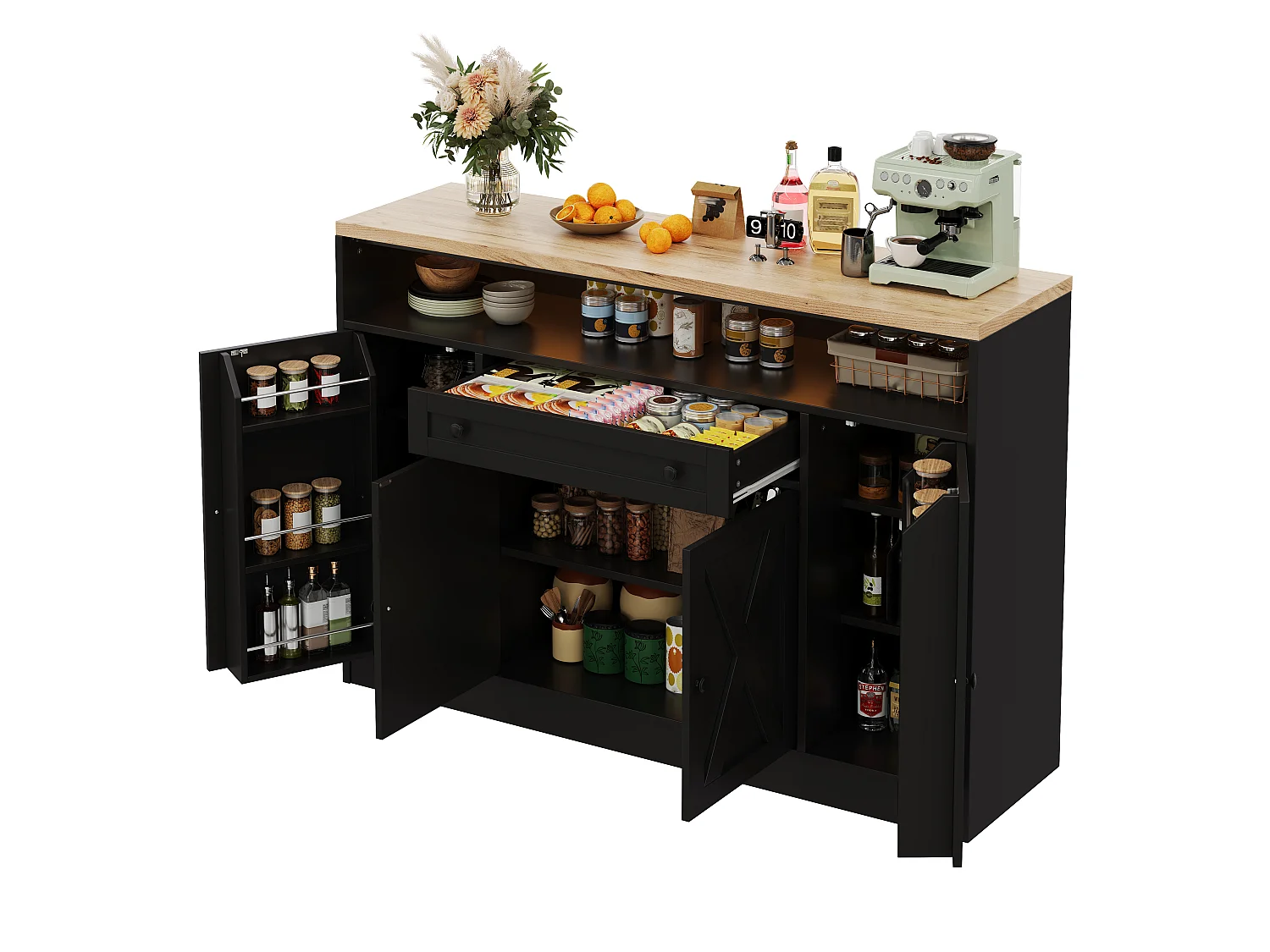 Buffet style grange 140x35x95cm - avec éclairage LED - avec 4 portes et 1 tiroir - étagères ouvertes - Noir