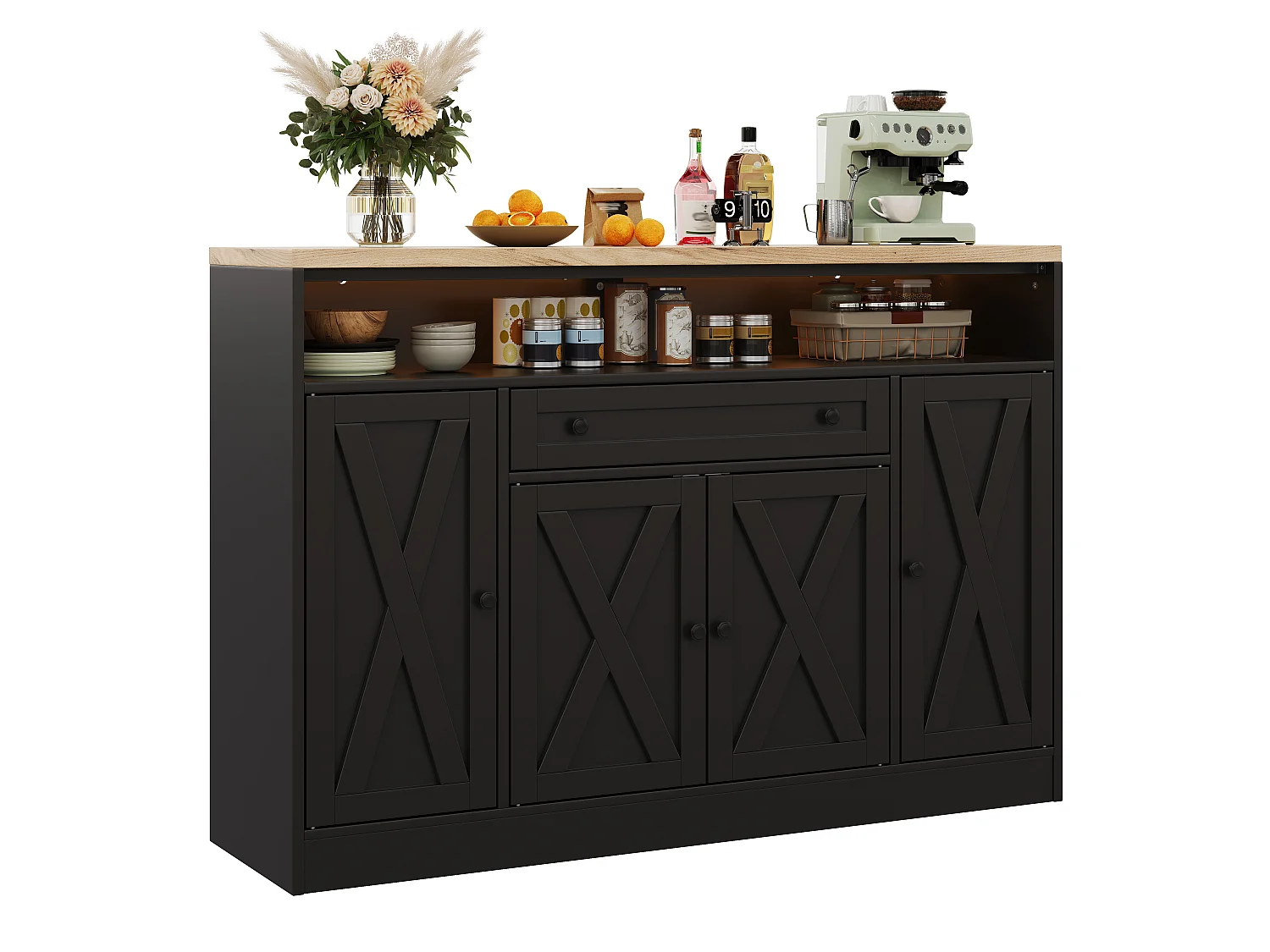 Buffet style grange 140x35x95cm - avec éclairage LED - avec 4 portes et 1 tiroir - étagères ouvertes - Noir