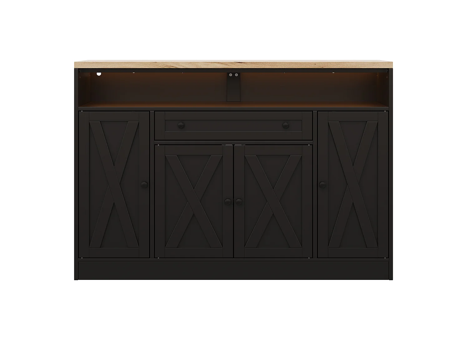 Buffet style grange 140x35x95cm - avec éclairage LED - avec 4 portes et 1 tiroir - étagères ouvertes - Noir