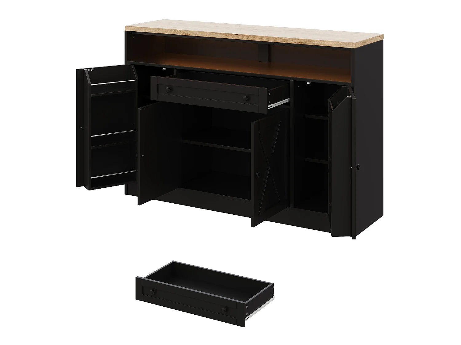 Buffet style grange 140x35x95cm - avec éclairage LED - avec 4 portes et 1 tiroir - étagères ouvertes - Noir
