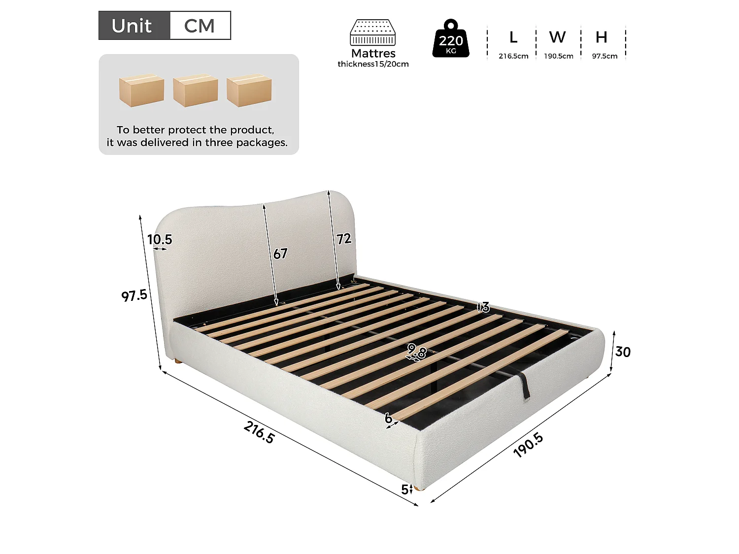 Upholstered storage bed 180x200 cm - Upholstered headboard and solid wood legs - Bouclé fabric - cream(Mattress not included)