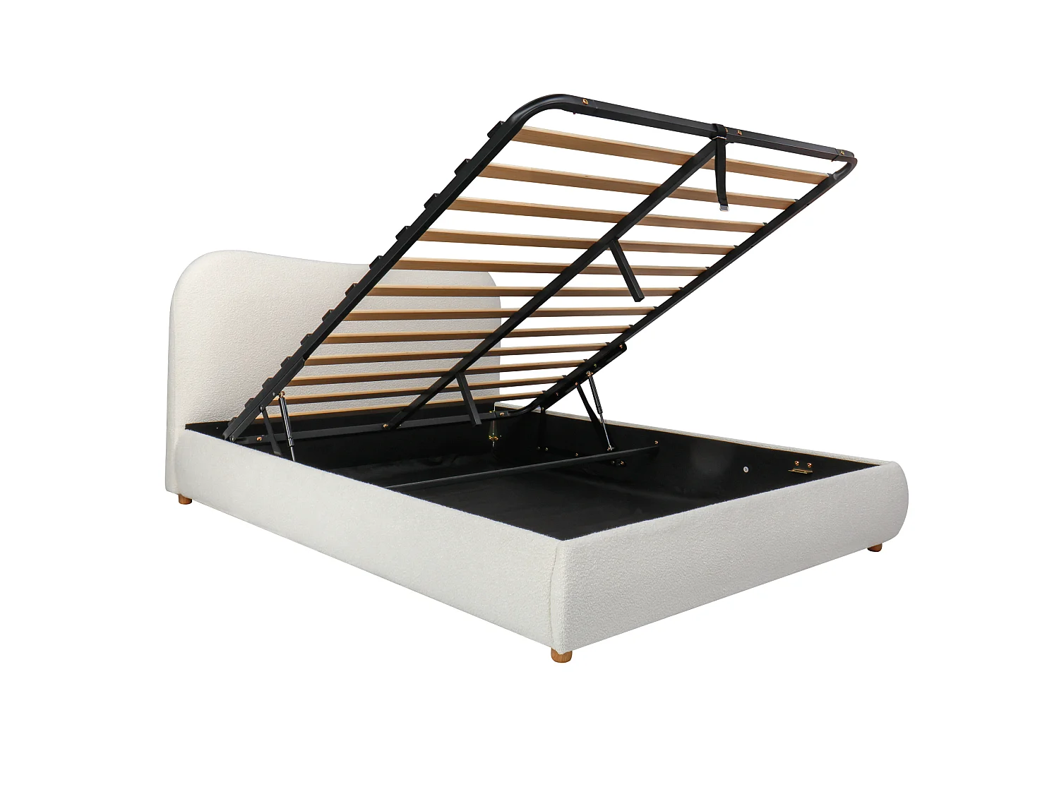 Upholstered storage bed 180x200 cm - Upholstered headboard and solid wood legs - Bouclé fabric - cream(Mattress not included)