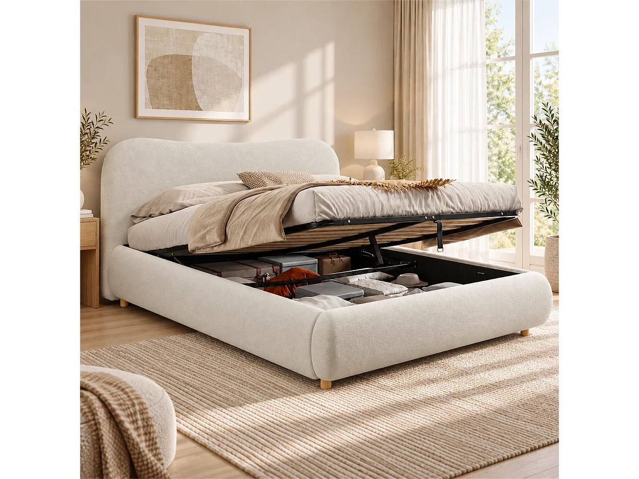 Upholstered storage bed 180x200 cm - Upholstered headboard and solid wood legs - Bouclé fabric - cream(Mattress not included)