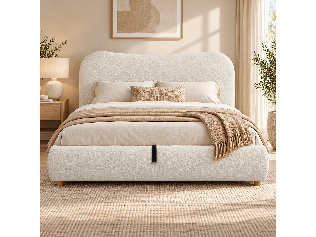 Upholstered storage bed 180x200 cm - Upholstered headboard and solid wood legs - Bouclé fabric - cream(Mattress not included)