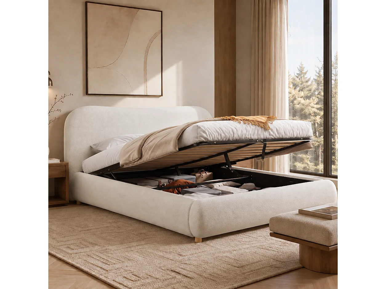 Upholstered storage bed 180x200 cm - Upholstered headboard and solid wood legs - Bouclé fabric - cream(Mattress not included)