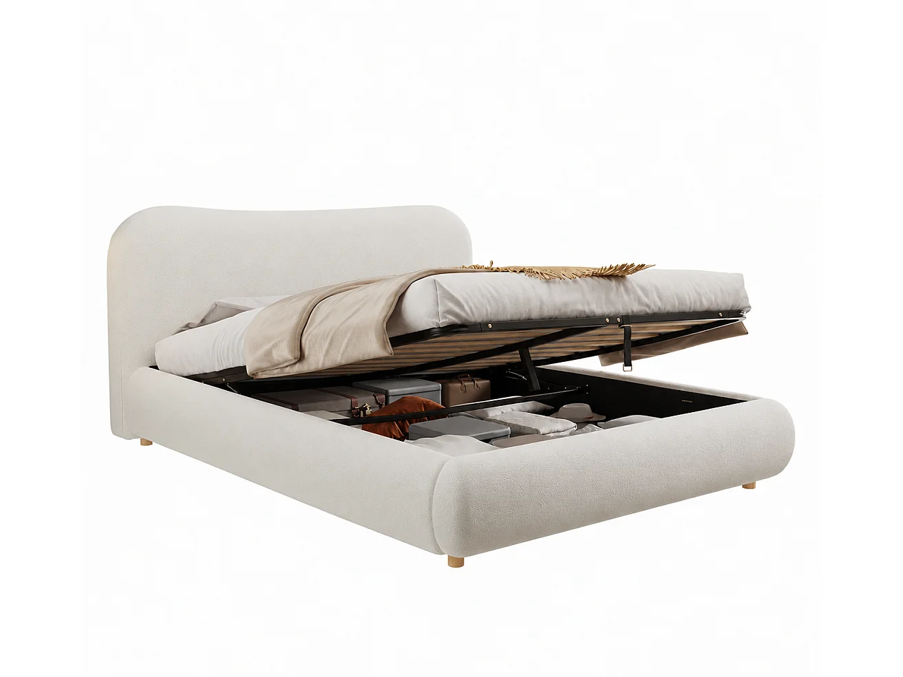 Upholstered storage bed 180x200 cm - Upholstered headboard and solid wood legs - Bouclé fabric - cream(Mattress not included)