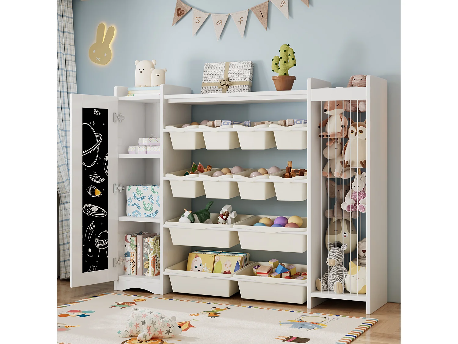 Meuble de rangement / Meuble à étagères pour enfants - avec un tableau noir - avec 4 grands et 8 petits bacs de rangement - ​​Blanc
