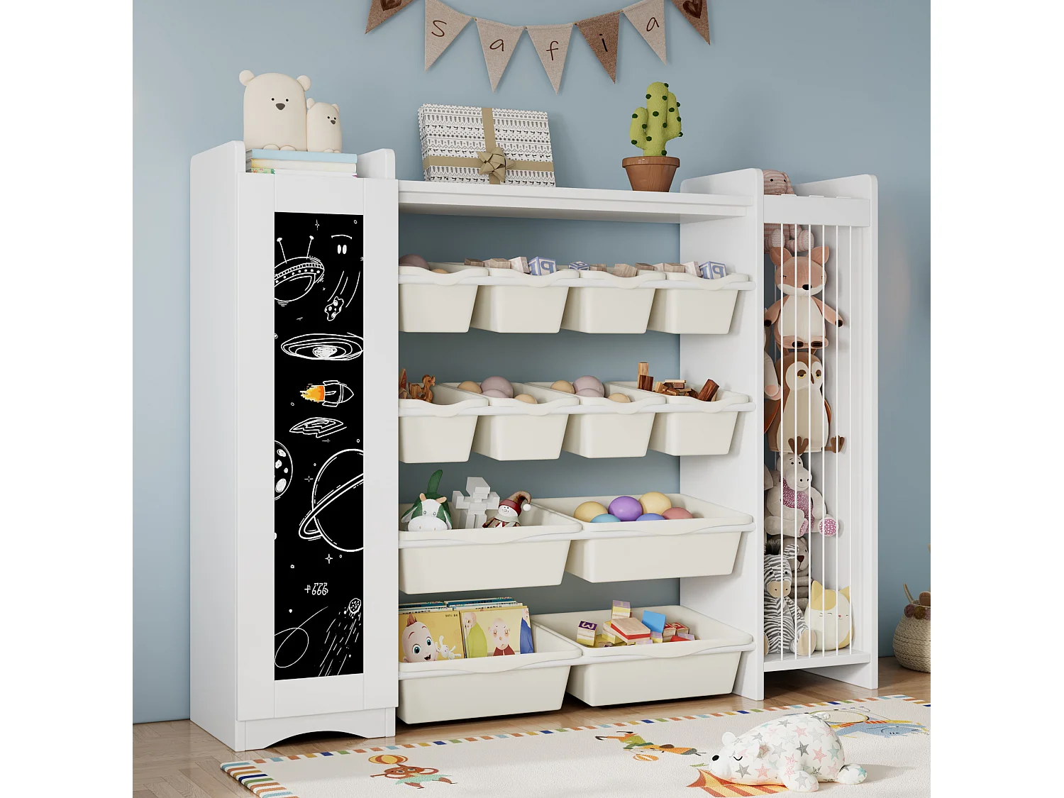 Meuble de rangement / Meuble à étagères pour enfants - avec un tableau noir - avec 4 grands et 8 petits bacs de rangement - ​​Blanc