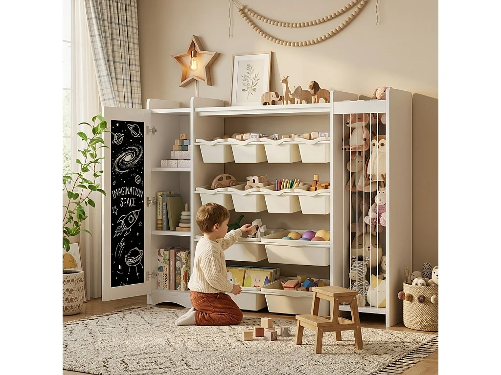 Meuble de rangement / Meuble à étagères pour enfants - avec un tableau noir - avec 4 grands et 8 petits bacs de rangement - ​​Blanc