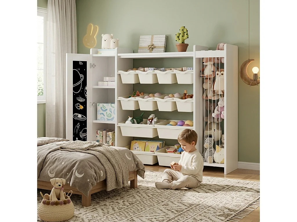 Meuble de rangement / Meuble à étagères pour enfants - avec un tableau noir - avec 4 grands et 8 petits bacs de rangement - ​​Blanc