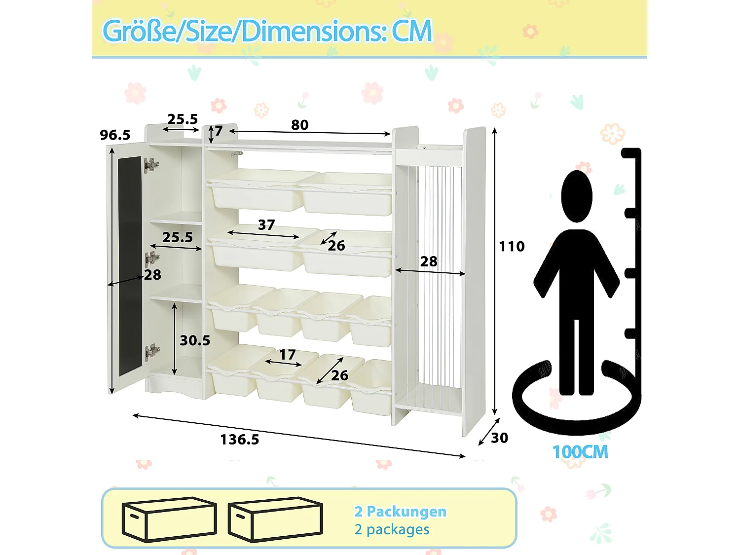 Meuble de rangement / Meuble à étagères pour enfants - avec un tableau noir - avec 4 grands et 8 petits bacs de rangement - ​​Blanc