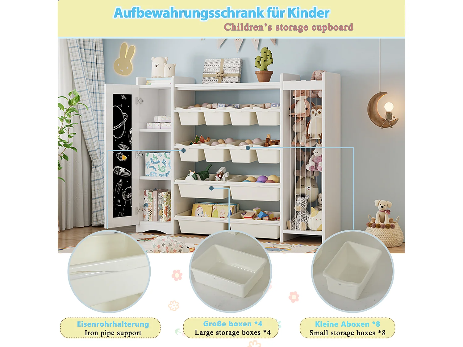 Meuble de rangement / Meuble à étagères pour enfants - avec un tableau noir - avec 4 grands et 8 petits bacs de rangement - ​​Blanc