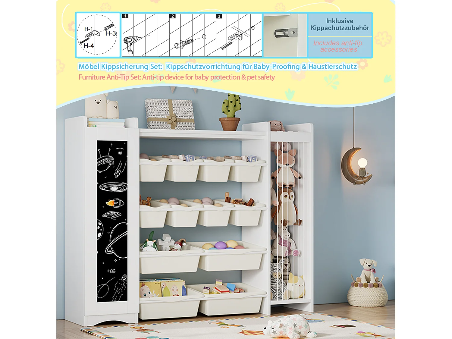 Meuble de rangement / Meuble à étagères pour enfants - avec un tableau noir - avec 4 grands et 8 petits bacs de rangement - ​​Blanc