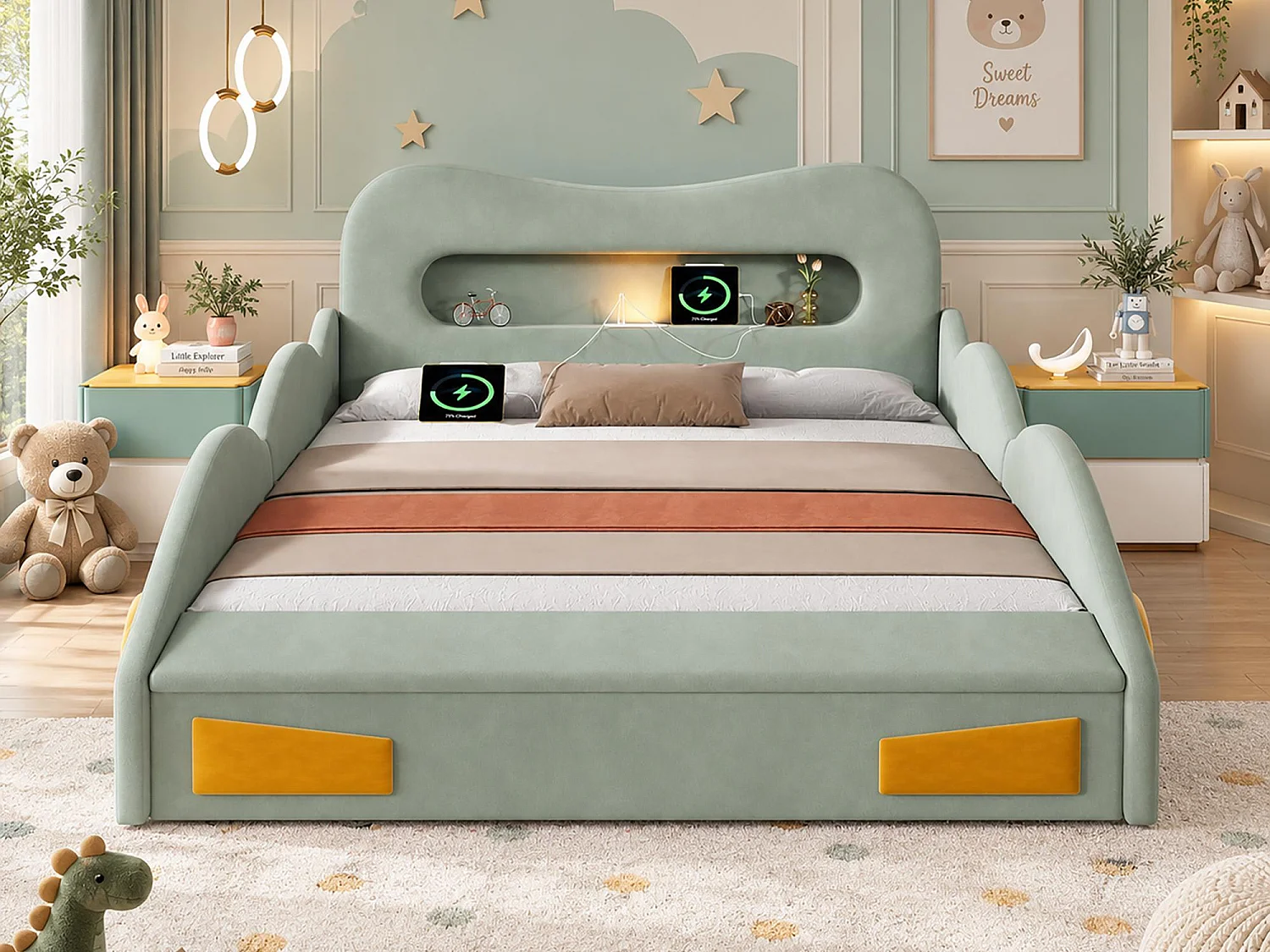 Upholstered bed for children 140x200cm - car design - with reading lights, charging ports and storage spaces - velvet fabric - Green (without mattress)