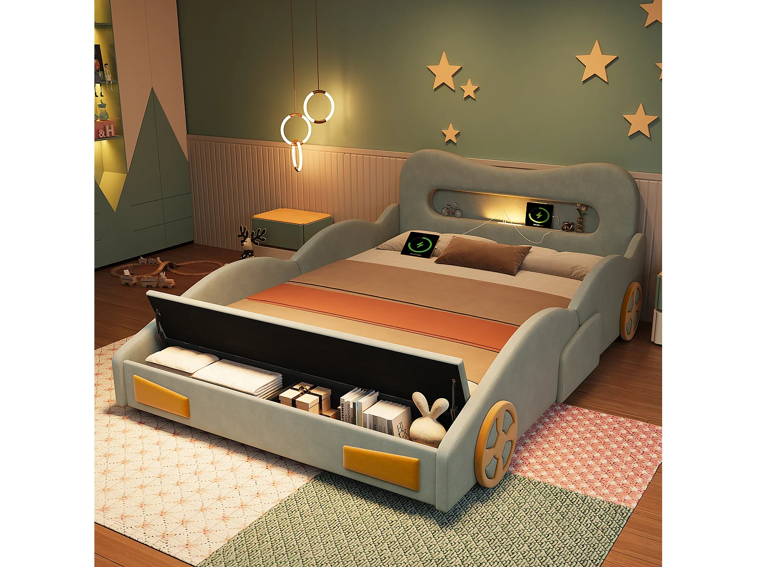 Upholstered bed for children 140x200cm - car design - with reading lights, charging ports and storage spaces - velvet fabric - Green (without mattress)
