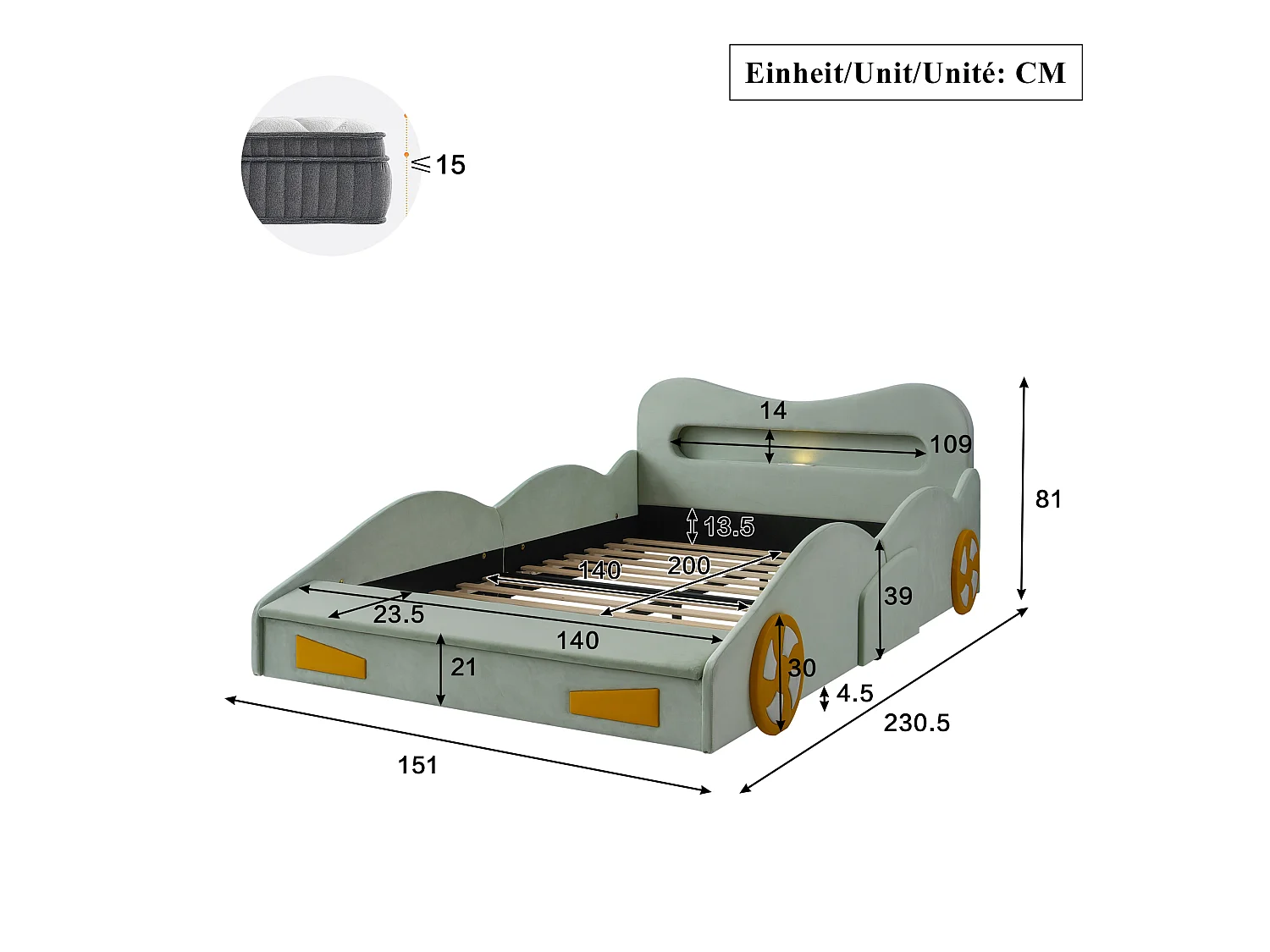 Upholstered bed for children 140x200cm - car design - with reading lights, charging ports and storage spaces - velvet fabric - Green (without mattress)