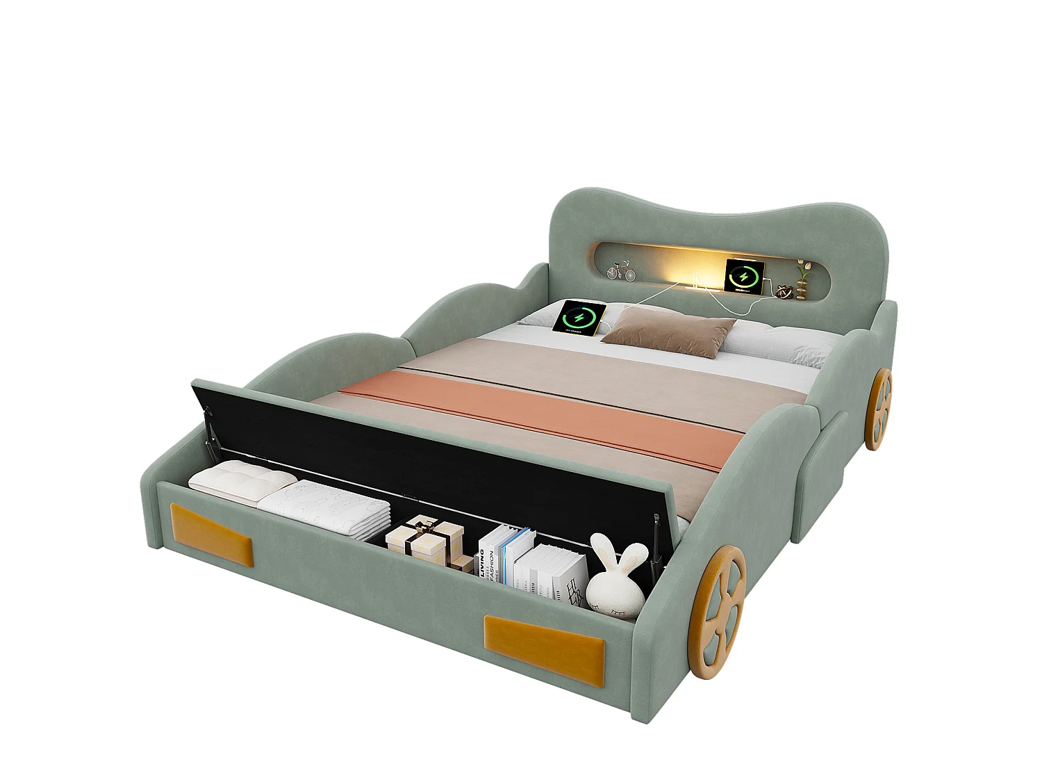 Upholstered bed for children 140x200cm - car design - with reading lights, charging ports and storage spaces - velvet fabric - Green (without mattress)