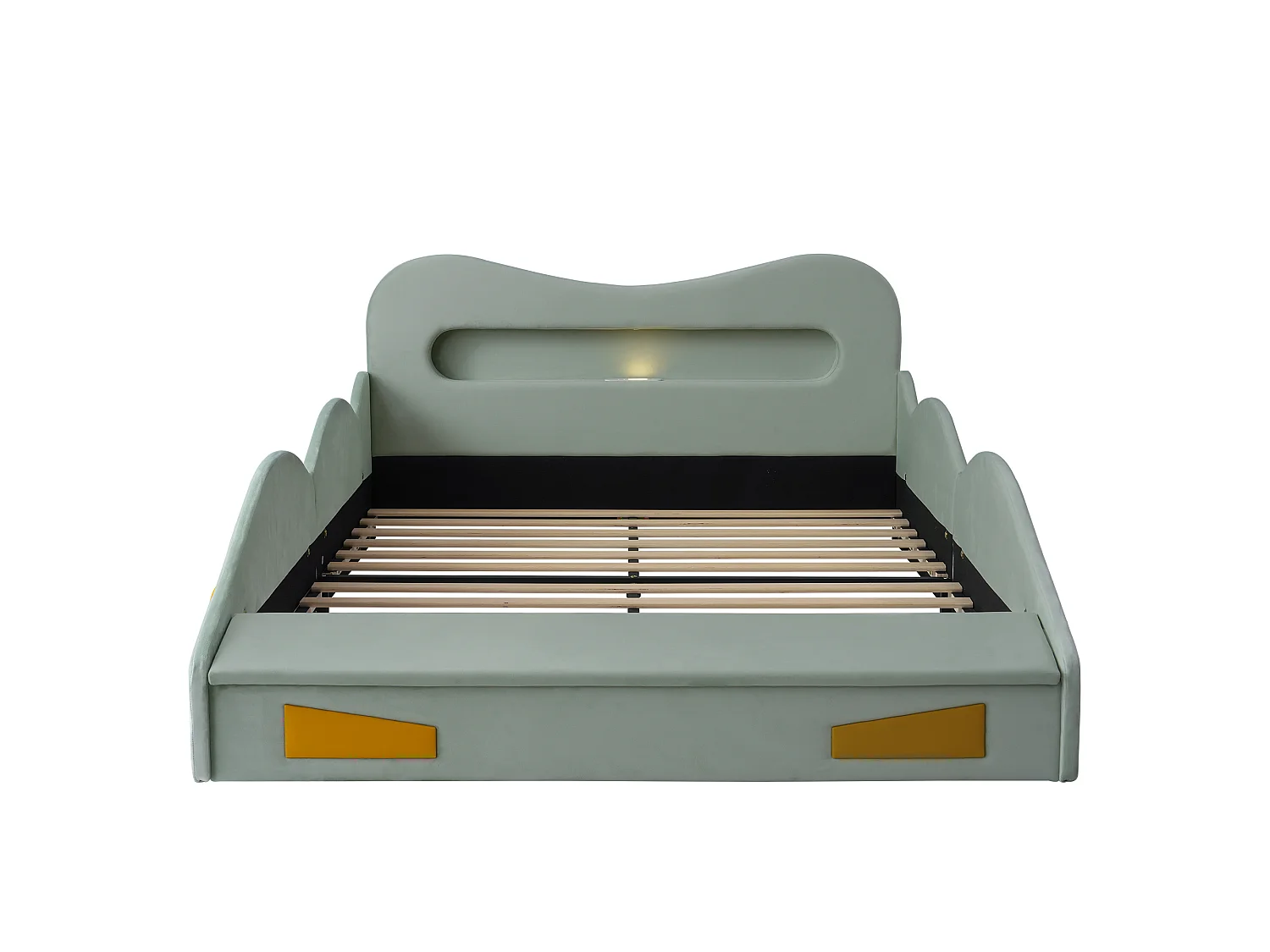 Upholstered bed for children 140x200cm - car design - with reading lights, charging ports and storage spaces - velvet fabric - Green (without mattress)