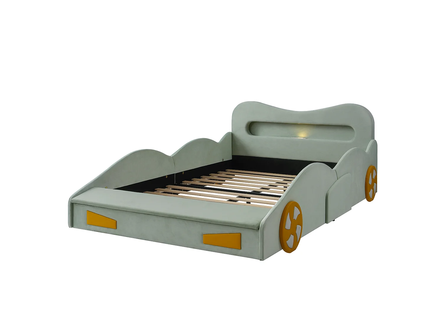 Upholstered bed for children 140x200cm - car design - with reading lights, charging ports and storage spaces - velvet fabric - Green (without mattress)