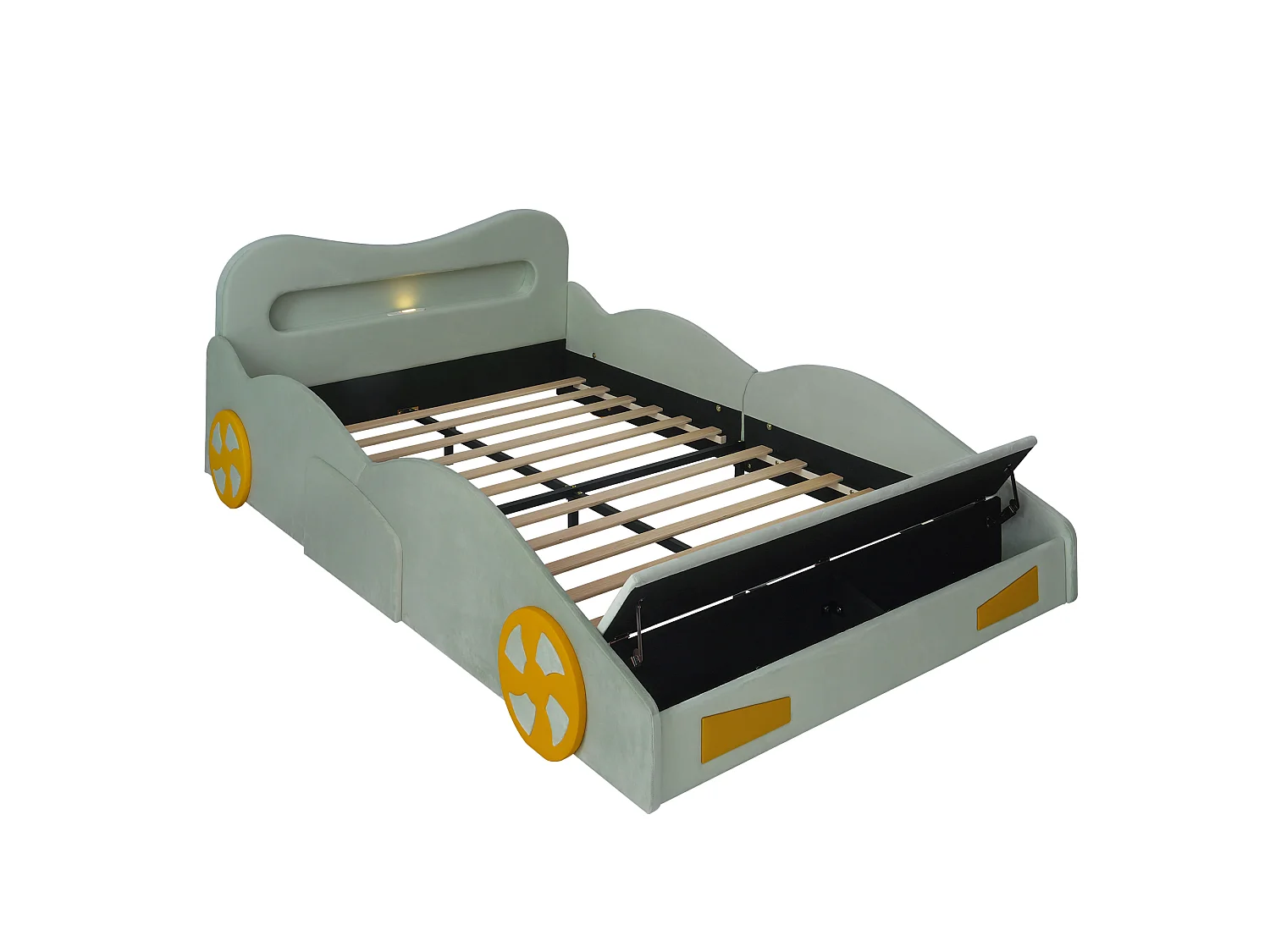Upholstered bed for children 140x200cm - car design - with reading lights, charging ports and storage spaces - velvet fabric - Green (without mattress)